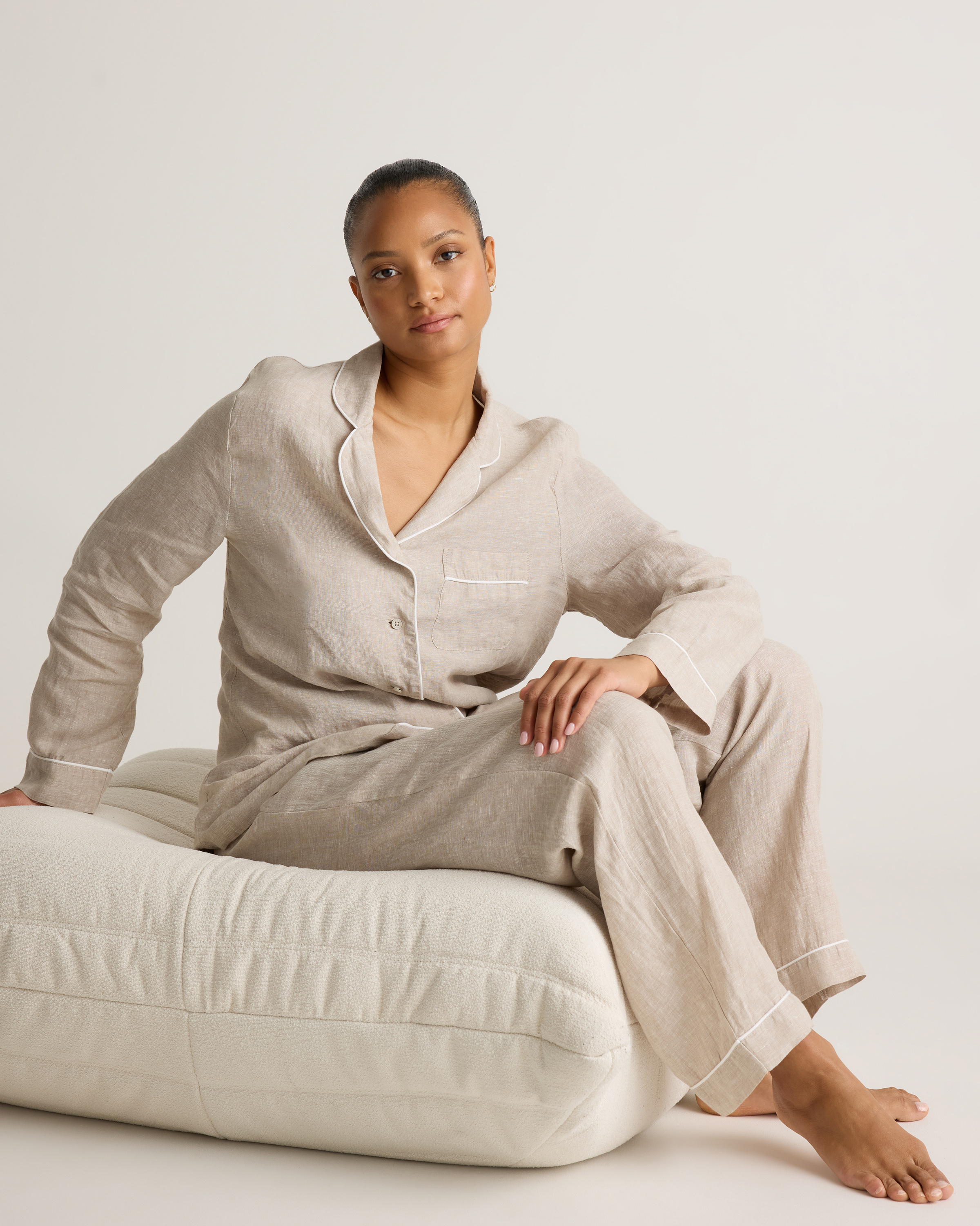 100% European Linen Long Sleeve Pajama Set with Piping — Image 11