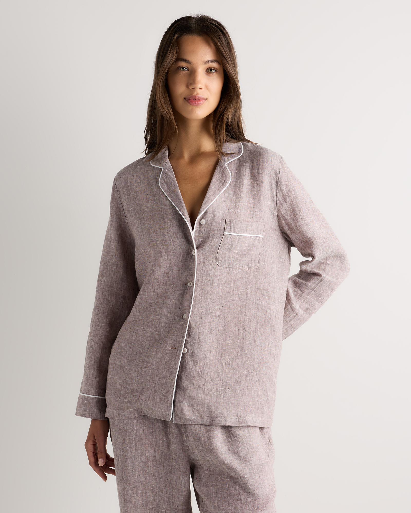 100% European Linen Long Sleeve Pajama Set with Piping — Image 27