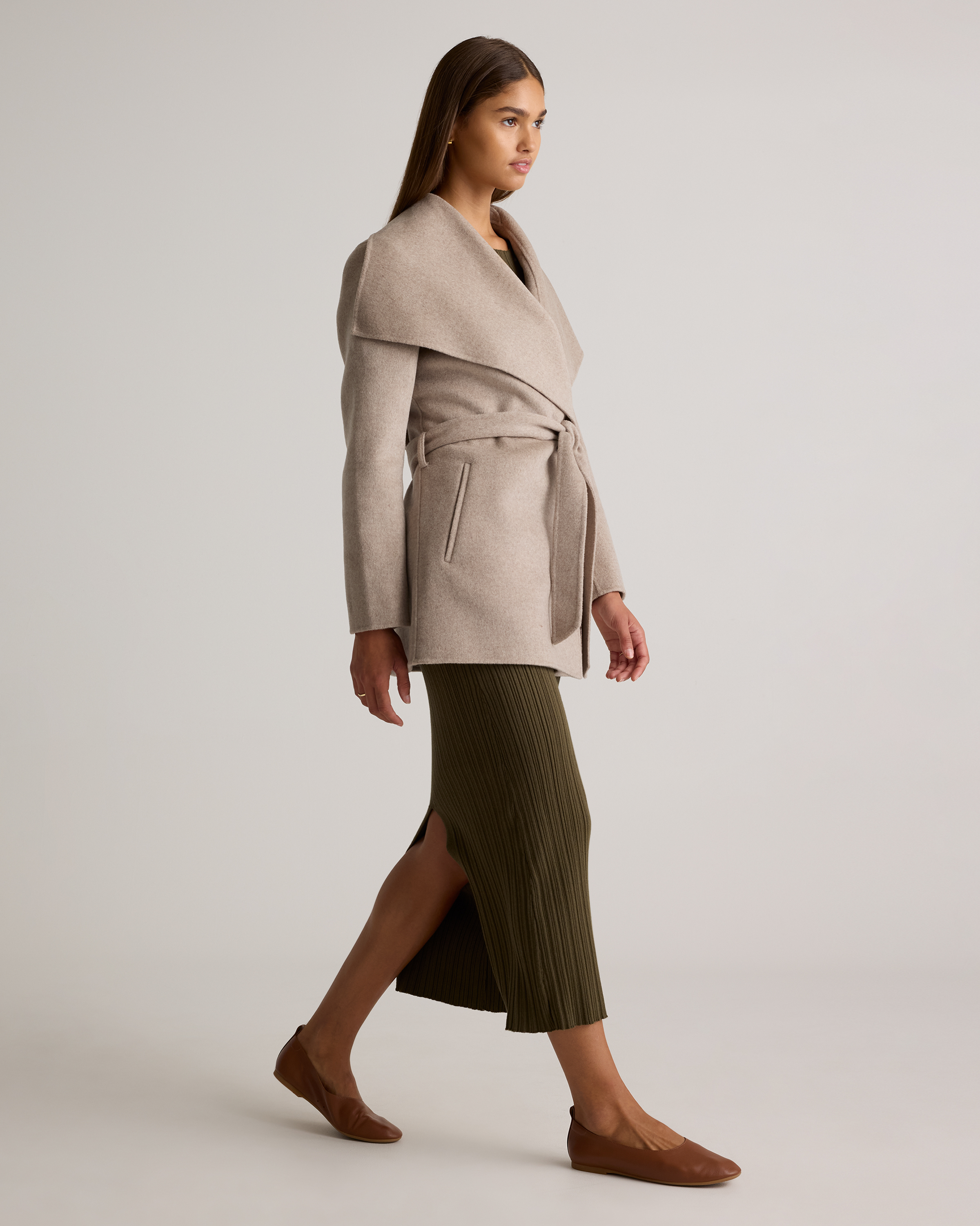 Double-Faced Merino Wool Draped Collar Short Wrap Coat — Image 11