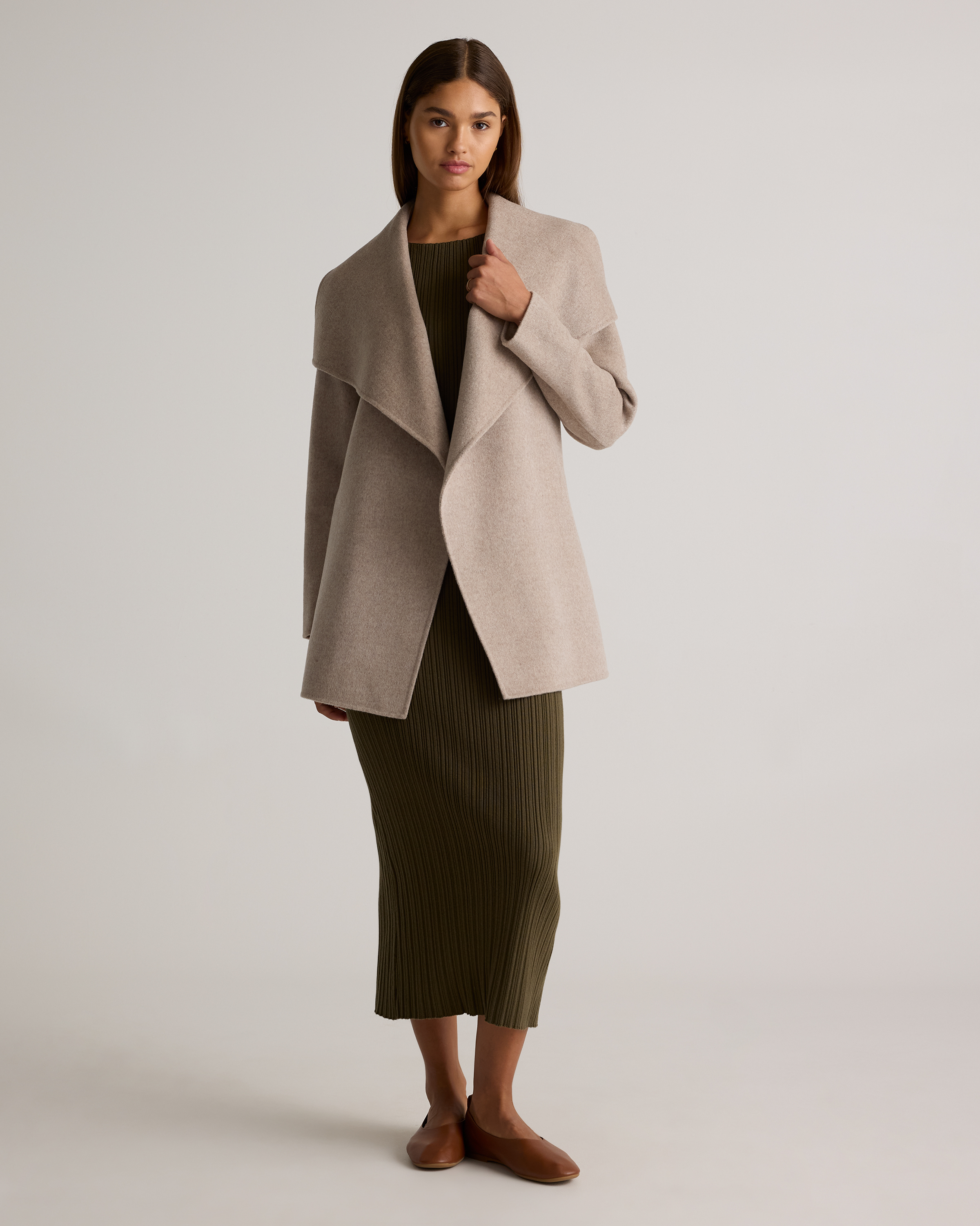 Double-Faced Merino Wool Draped Collar Short Wrap Coat — Image 14