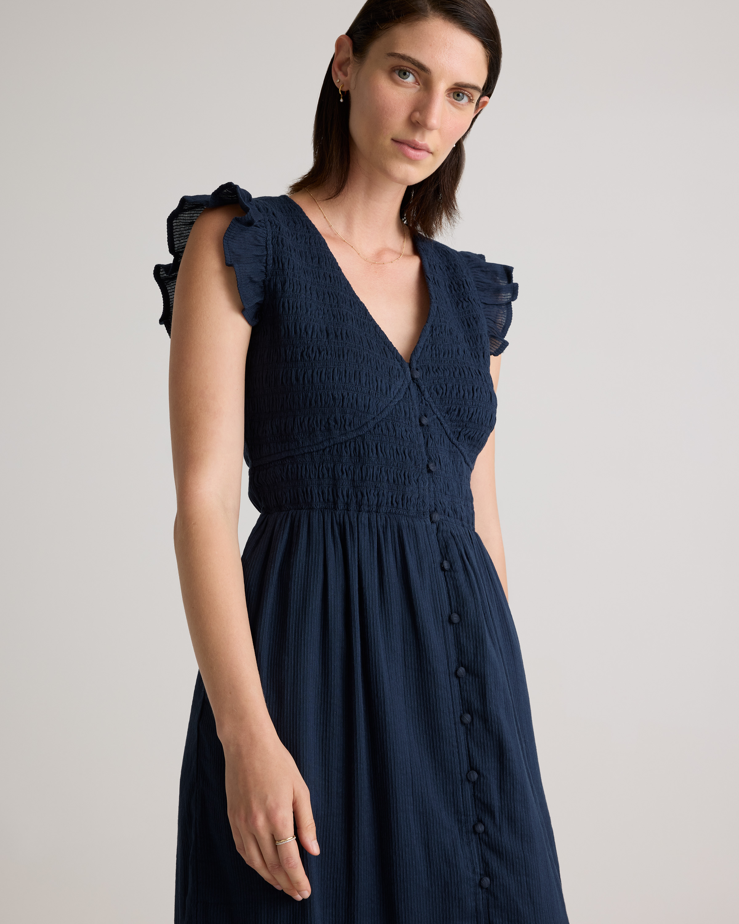 Organic Textured Cotton Smocked V-Neck Midi Dress — Image 8
