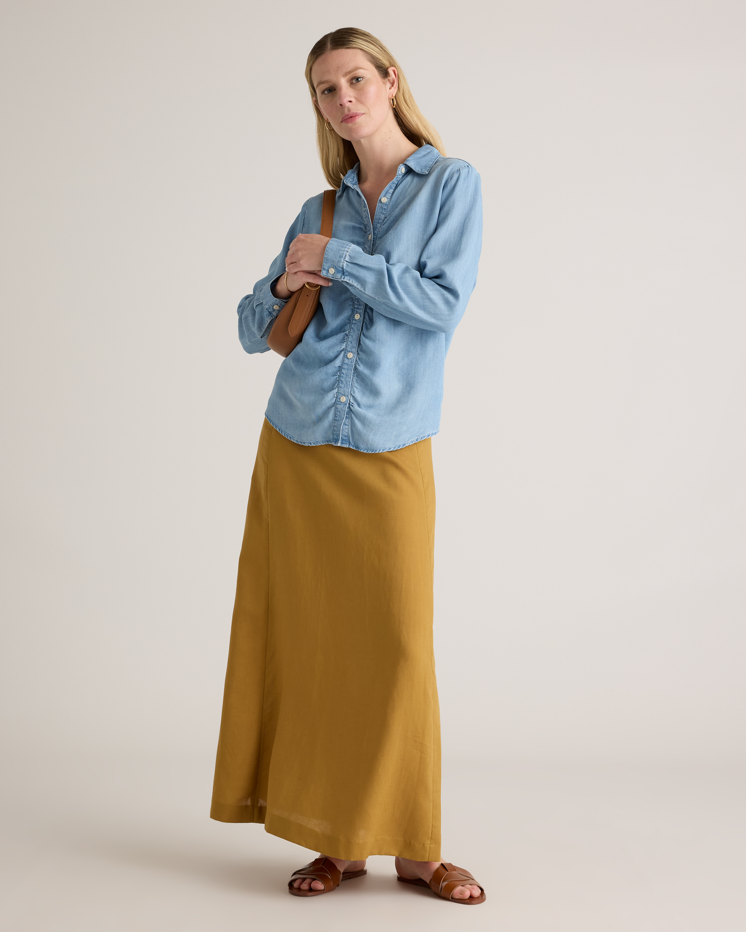 Chambray Tencel Shirred Long Sleeve Shirt — Image 6