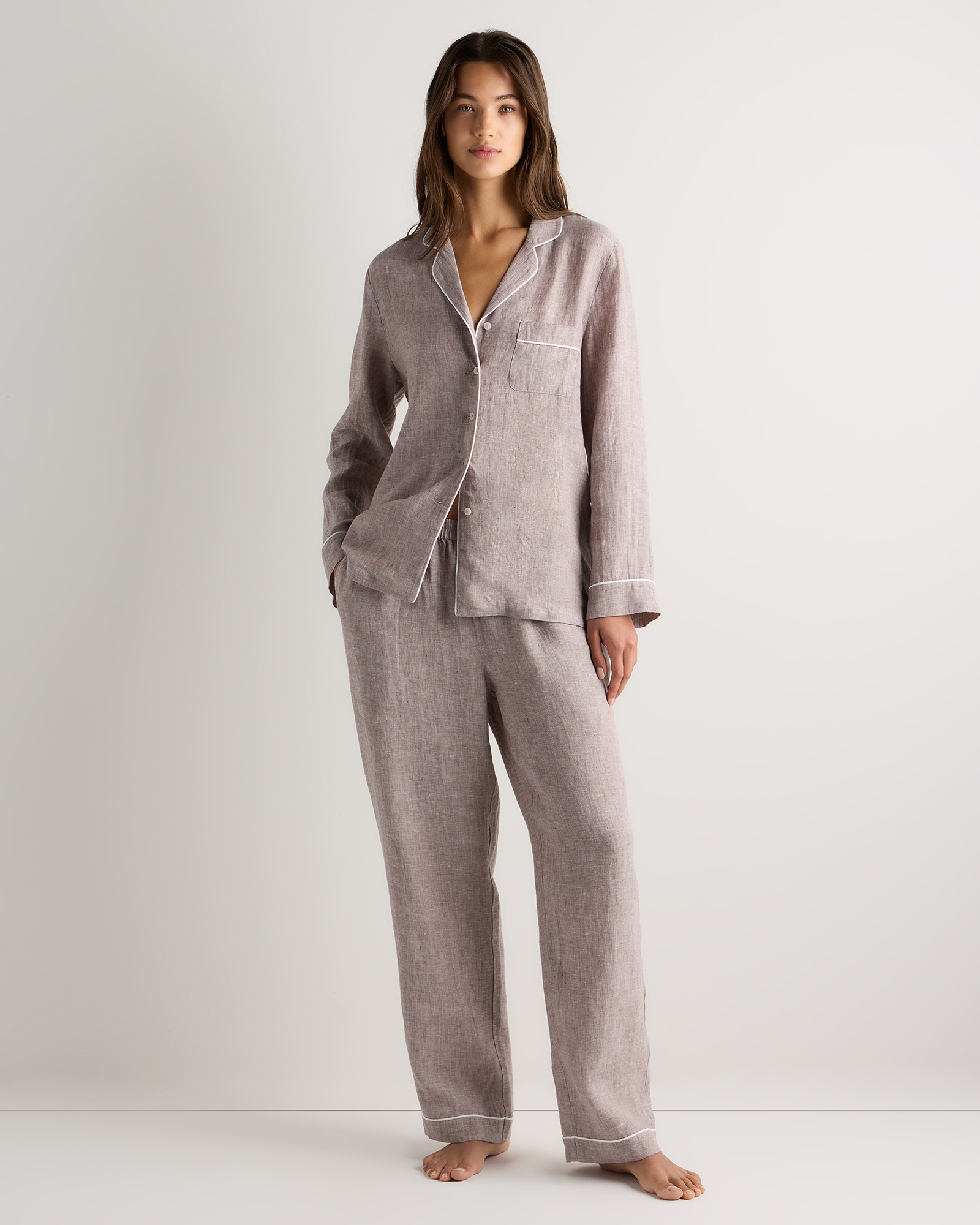 100% European Linen Long Sleeve Pajama Set with Piping — Image 42