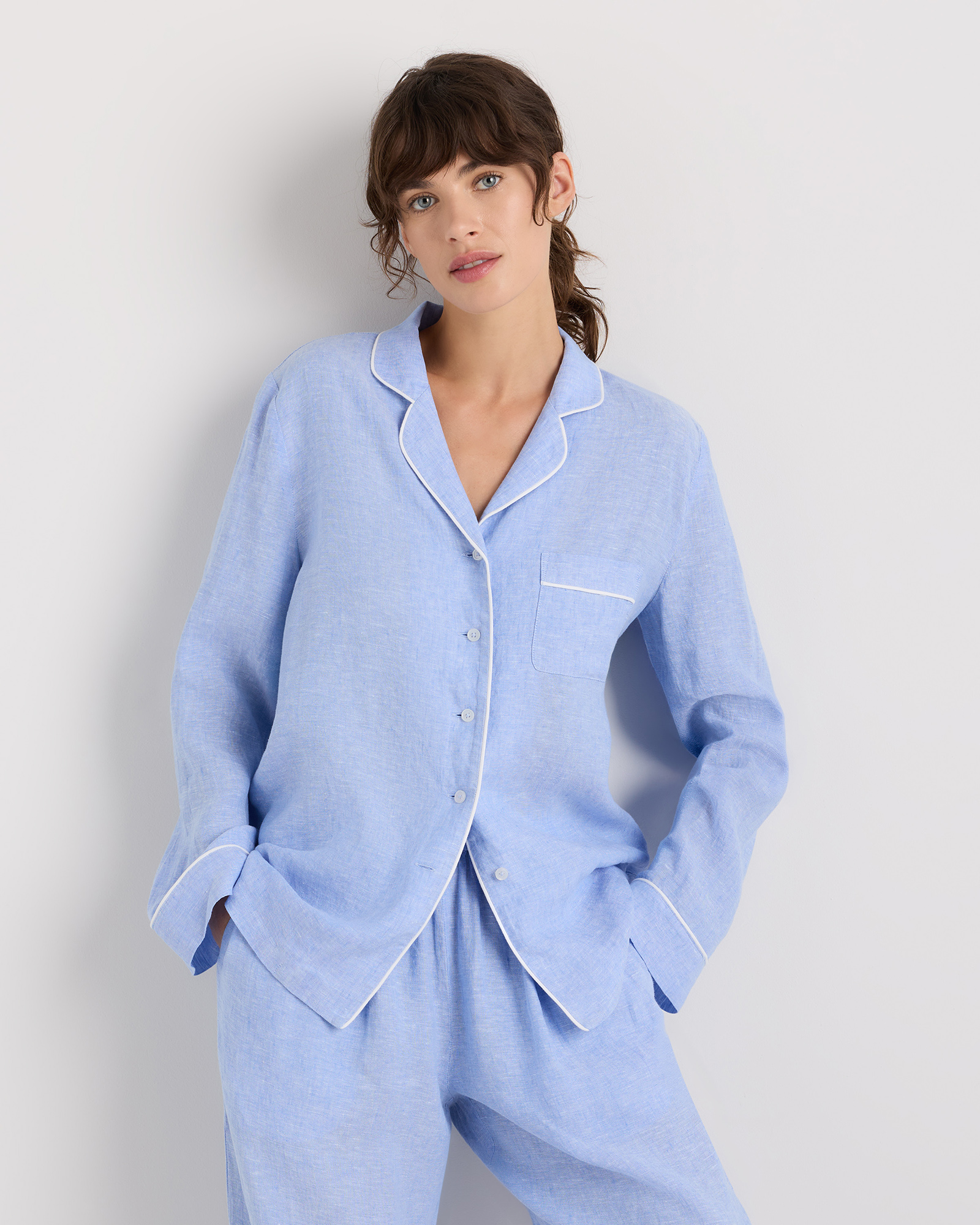 100% European Linen Long Sleeve Pajama Set with Piping — Image 34