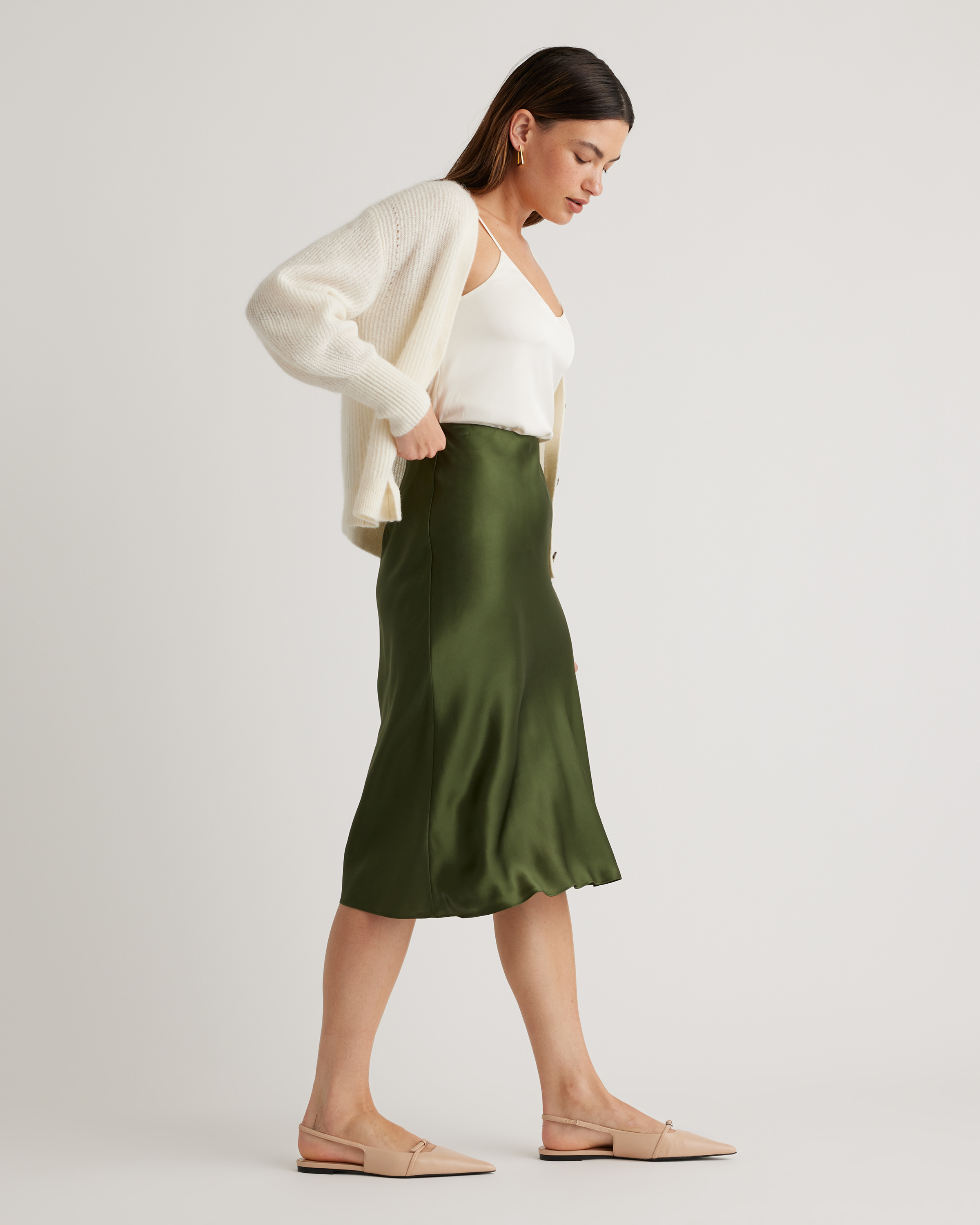 forest-green 100% Washable Silk Skirt — Image 80