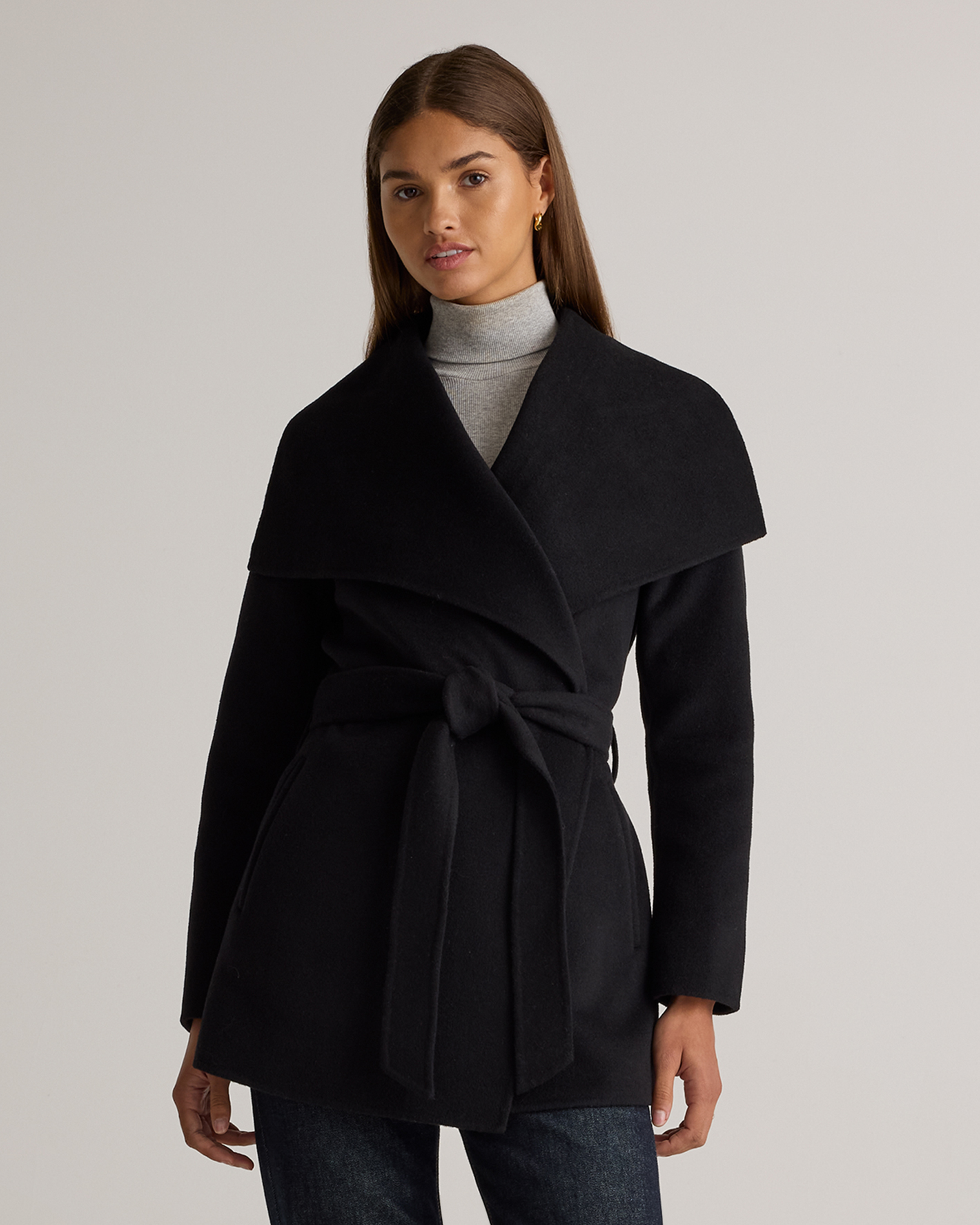 Double-Faced Merino Wool Draped Collar Short Wrap Coat — Image 20