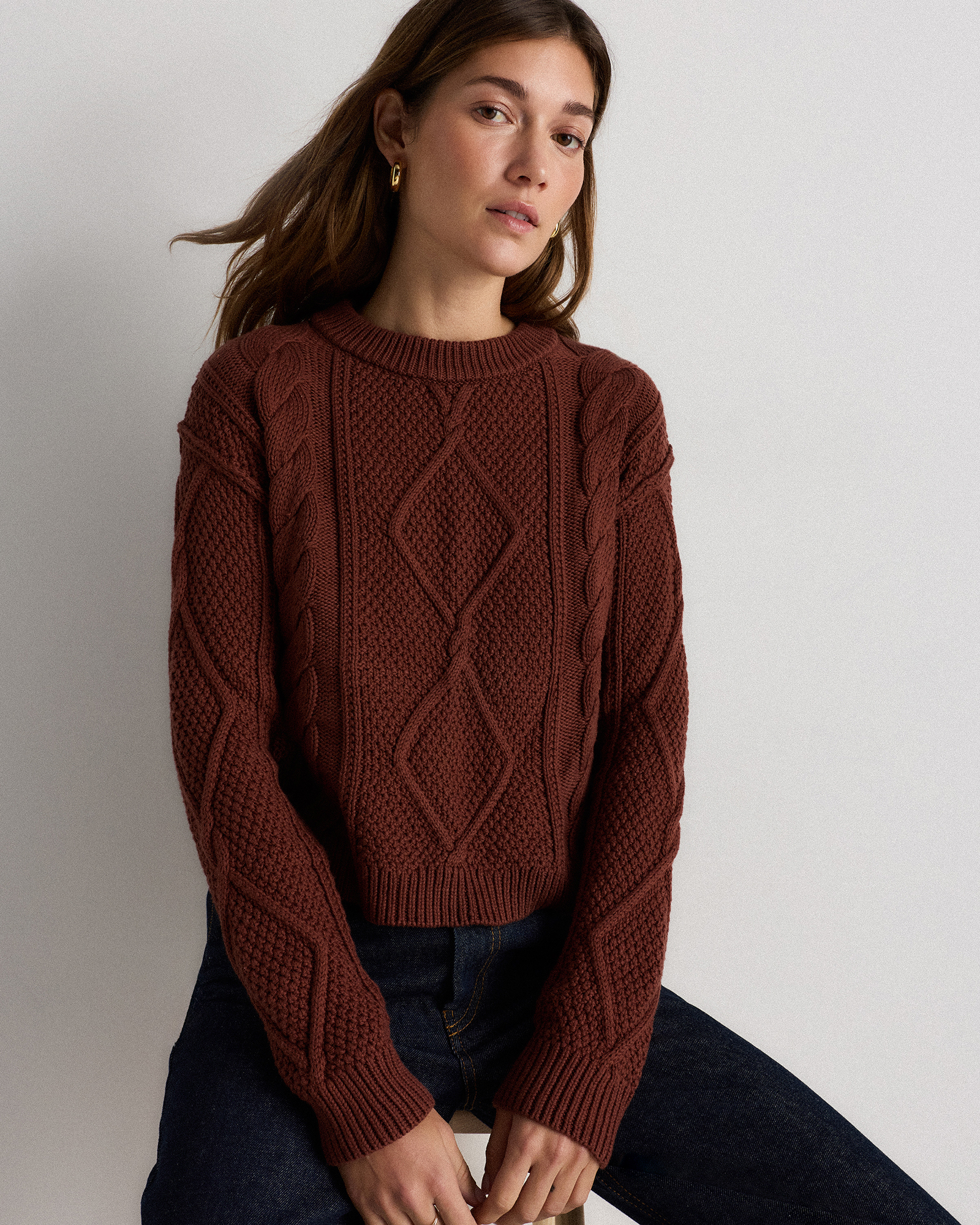 100% Organic Cotton Cropped Cable Crew Sweater — Image 11