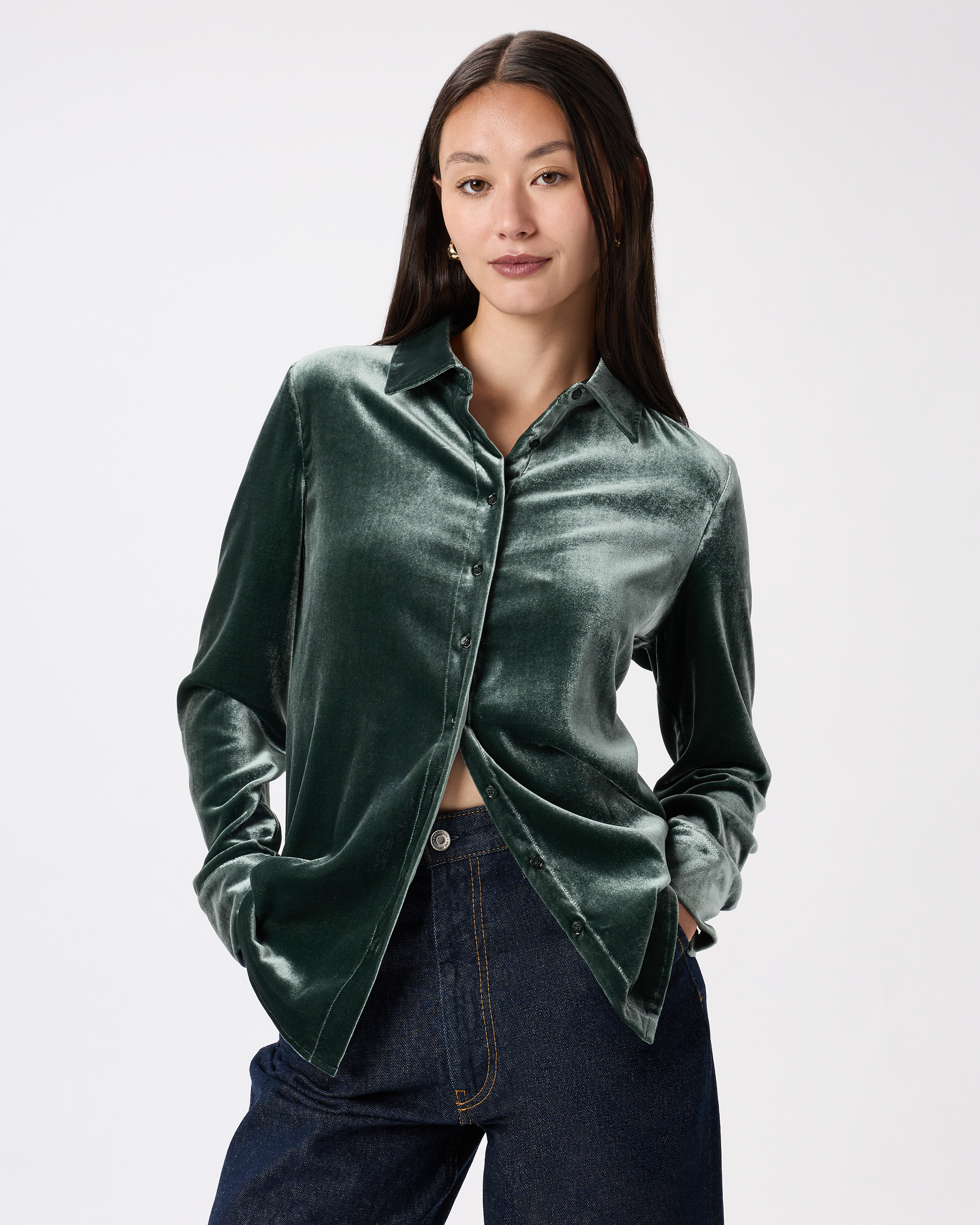 Stretch Silk Velvet Long Sleeve Shirt — Image 9