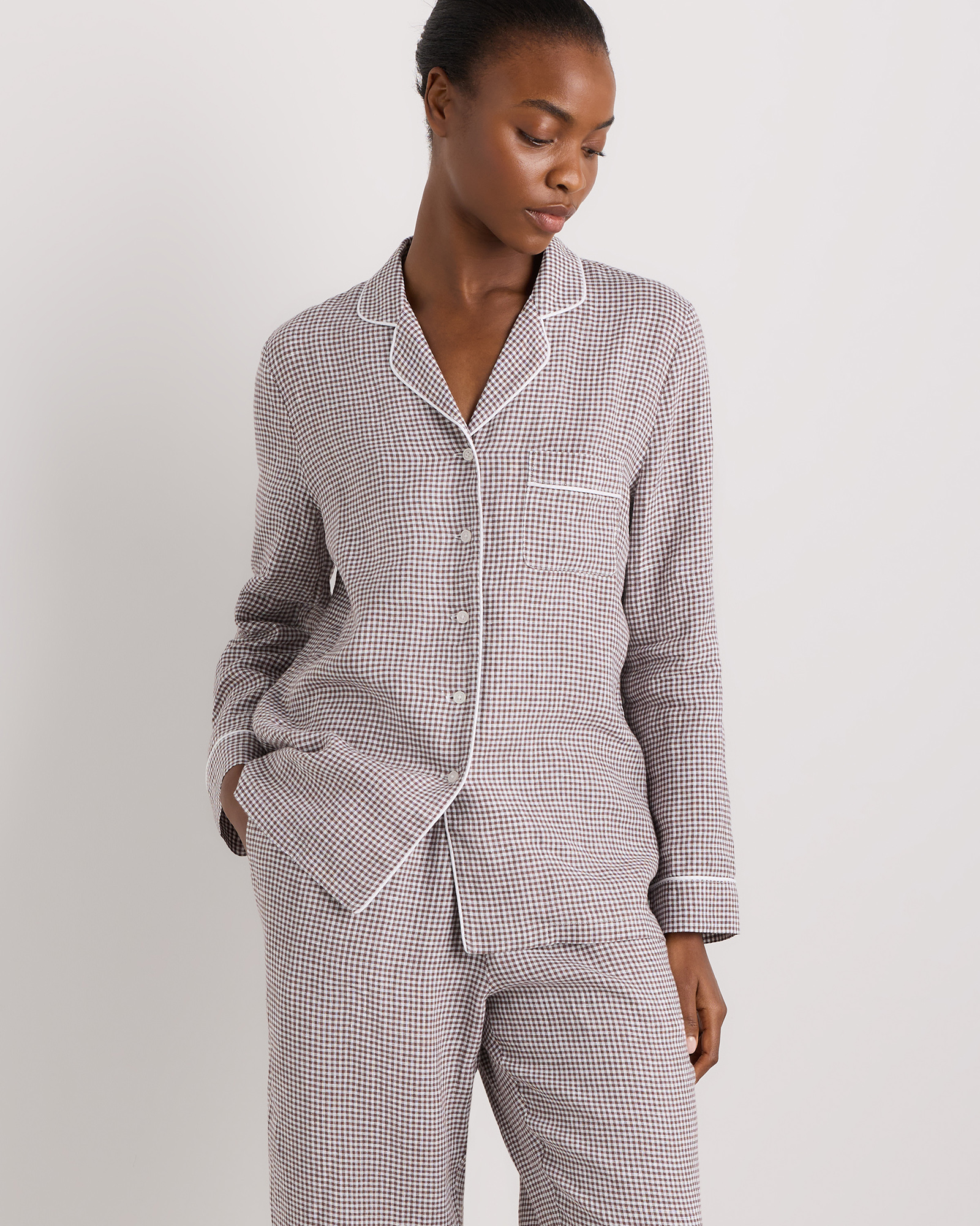 100% European Linen Long Sleeve Pajama Set with Piping — Image 31