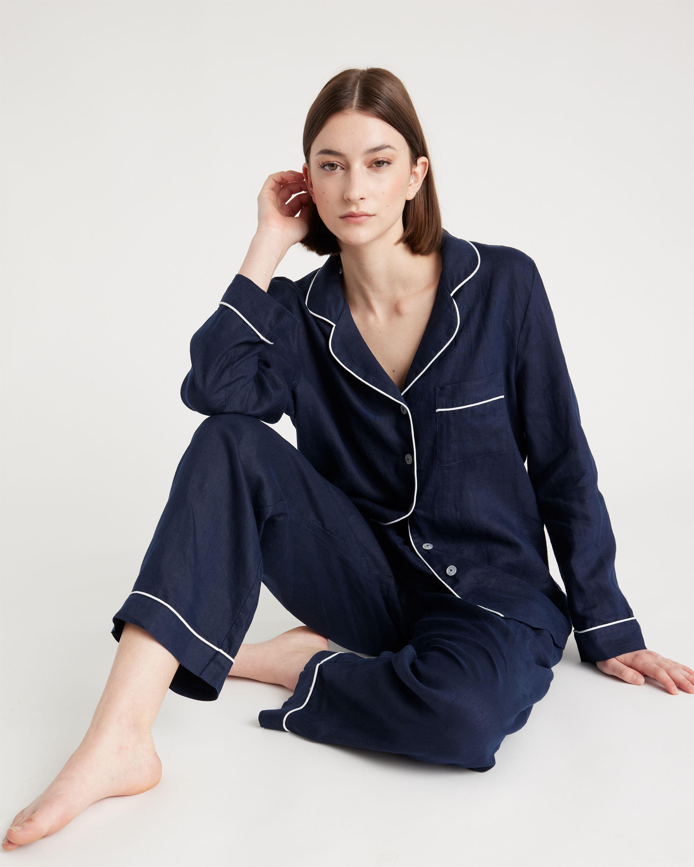 100% European Linen Long Sleeve Pajama Set with Piping — Image 19