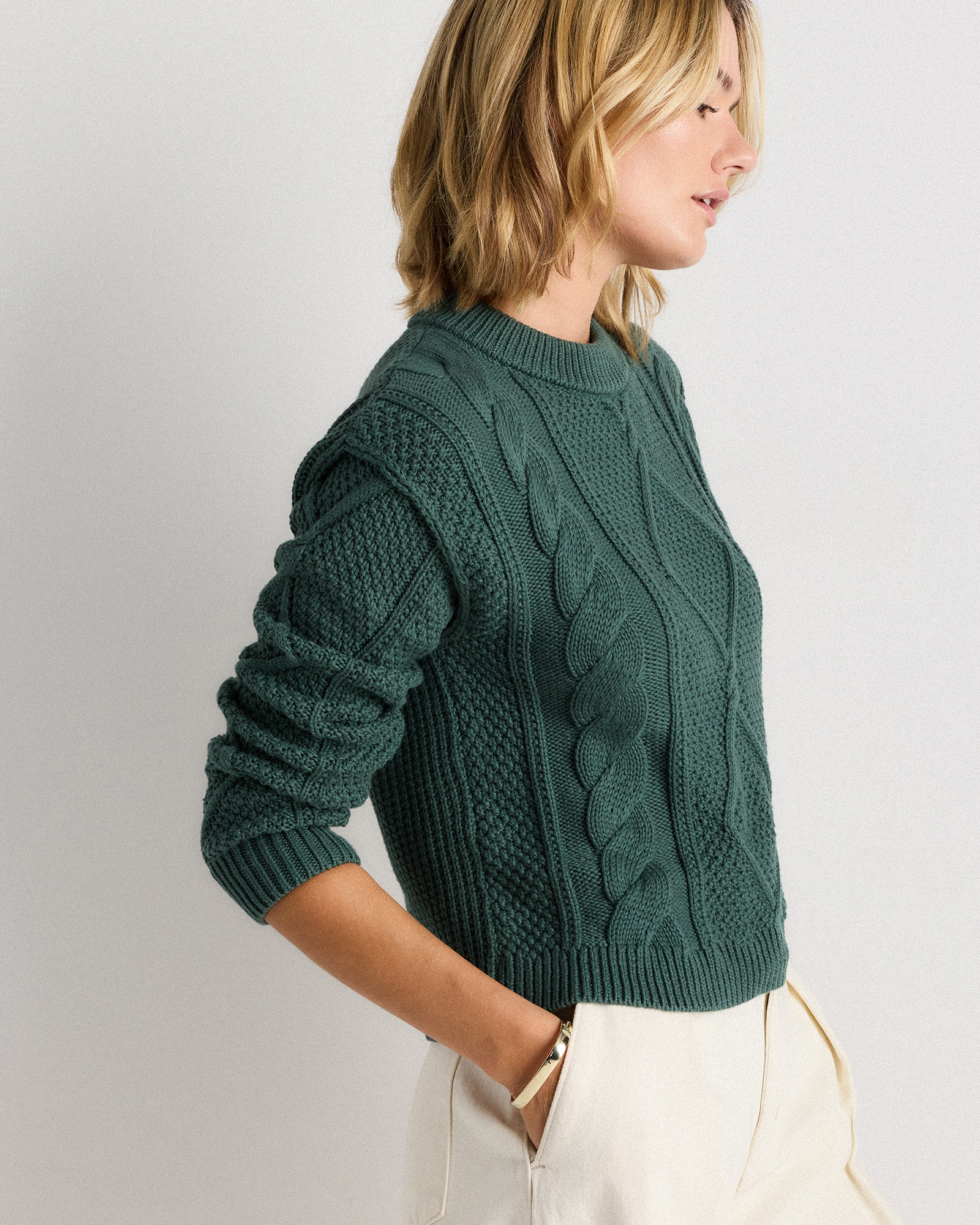 100% Organic Cotton Cropped Cable Crew Sweater — Image 14