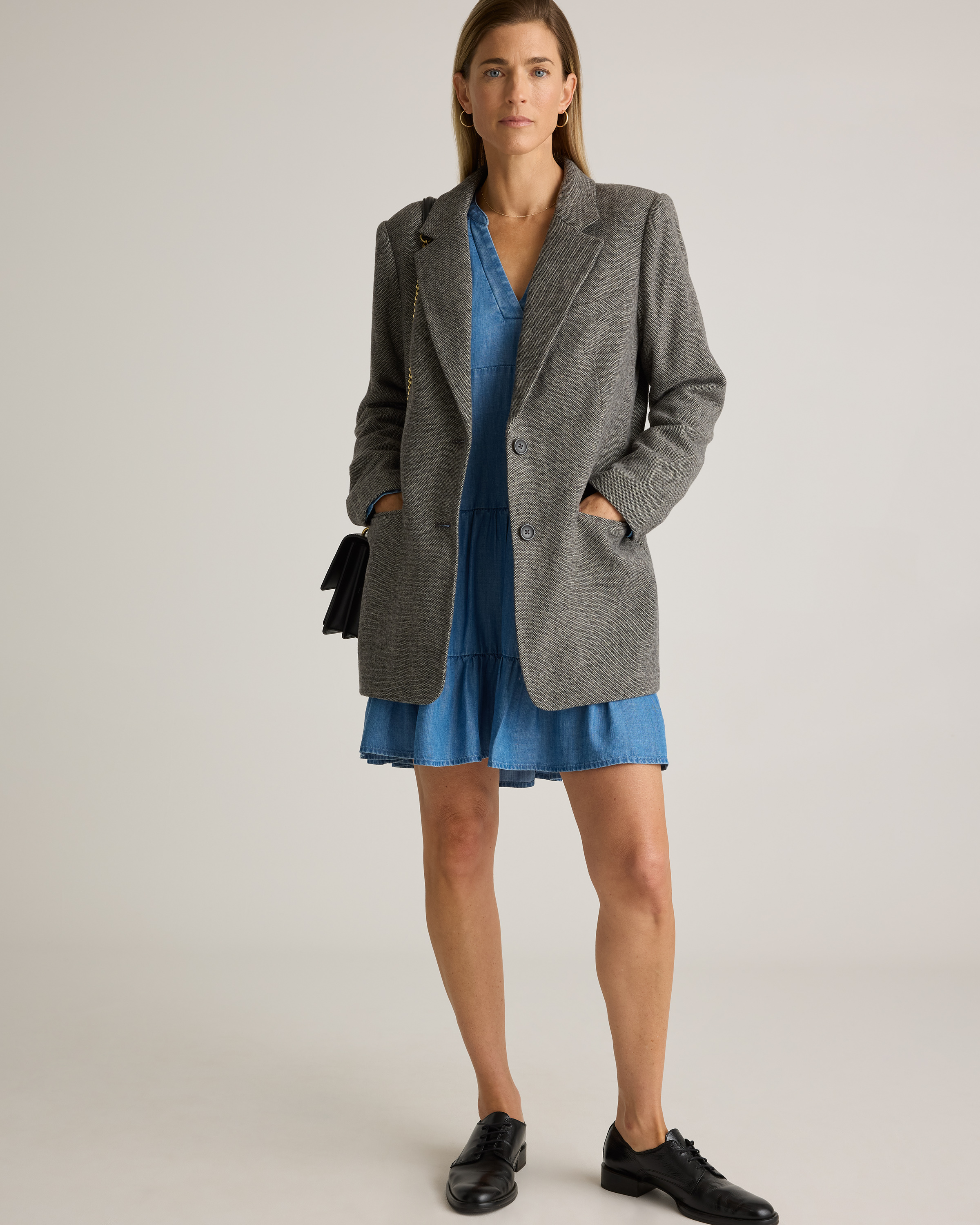 Chambray Tencel Tiered Long Sleeve Mini Dress — Image 4