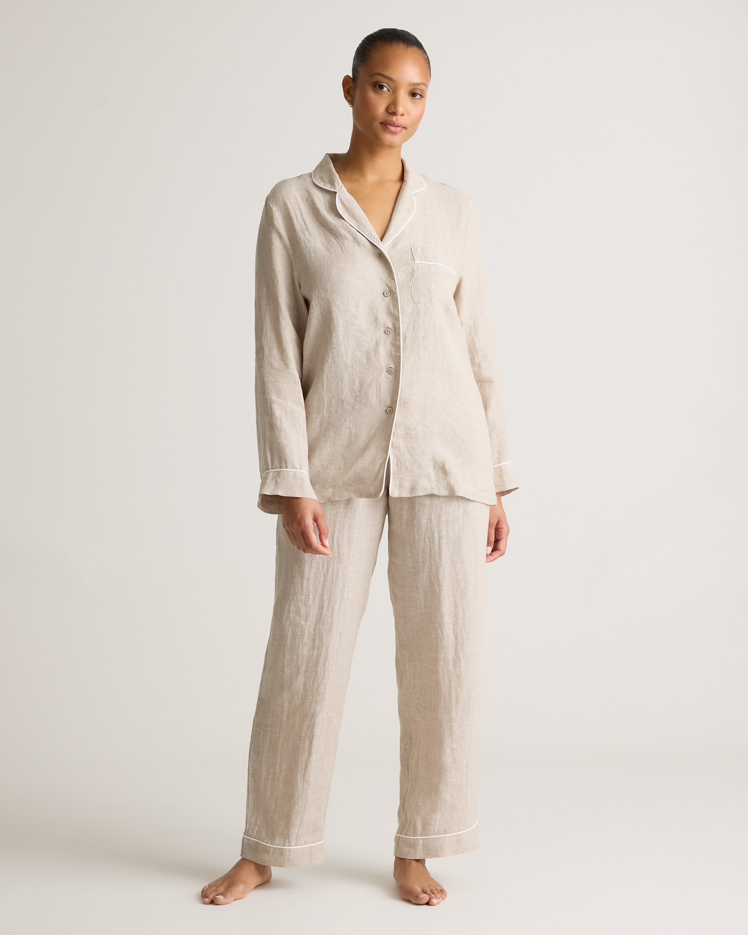 100% European Linen Long Sleeve Pajama Set with Piping — Image 18