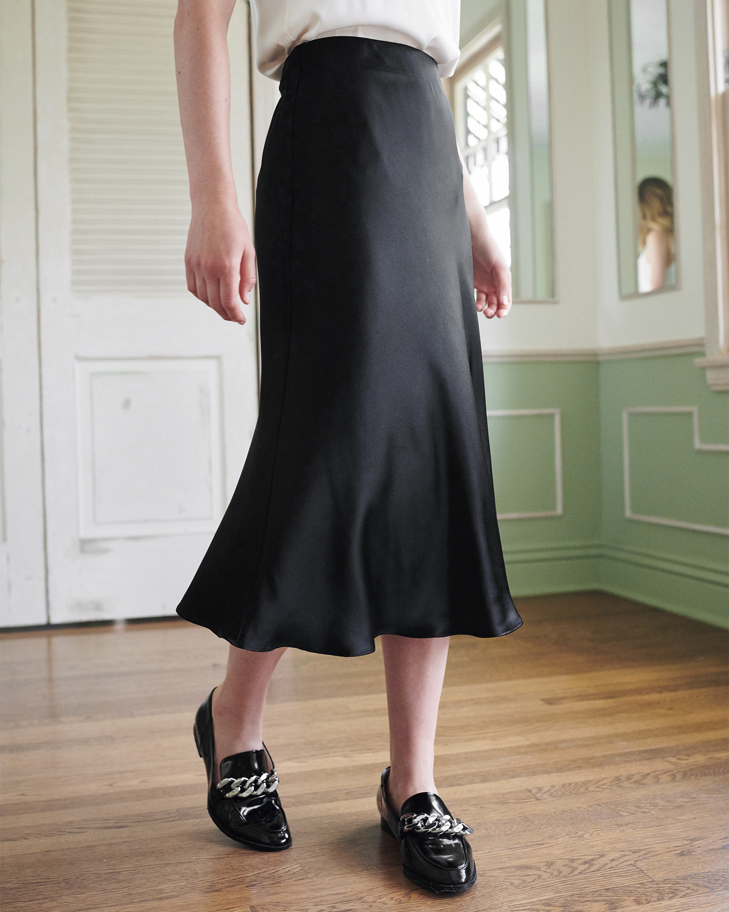 forest-green 100% Washable Silk Skirt — Image 79