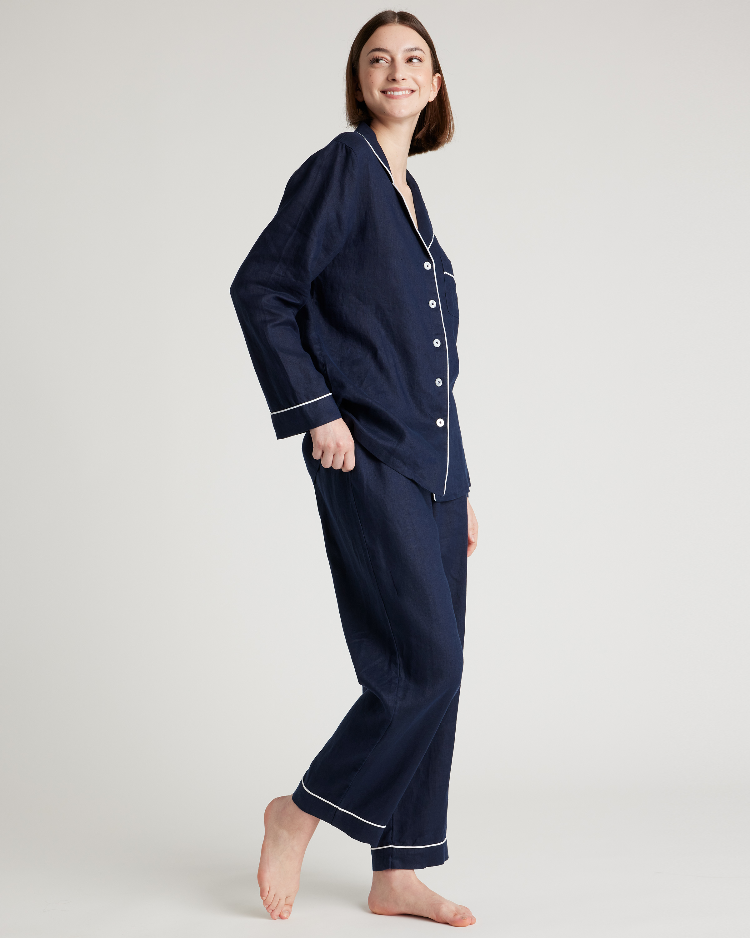 100% European Linen Long Sleeve Pajama Set with Piping — Image 28