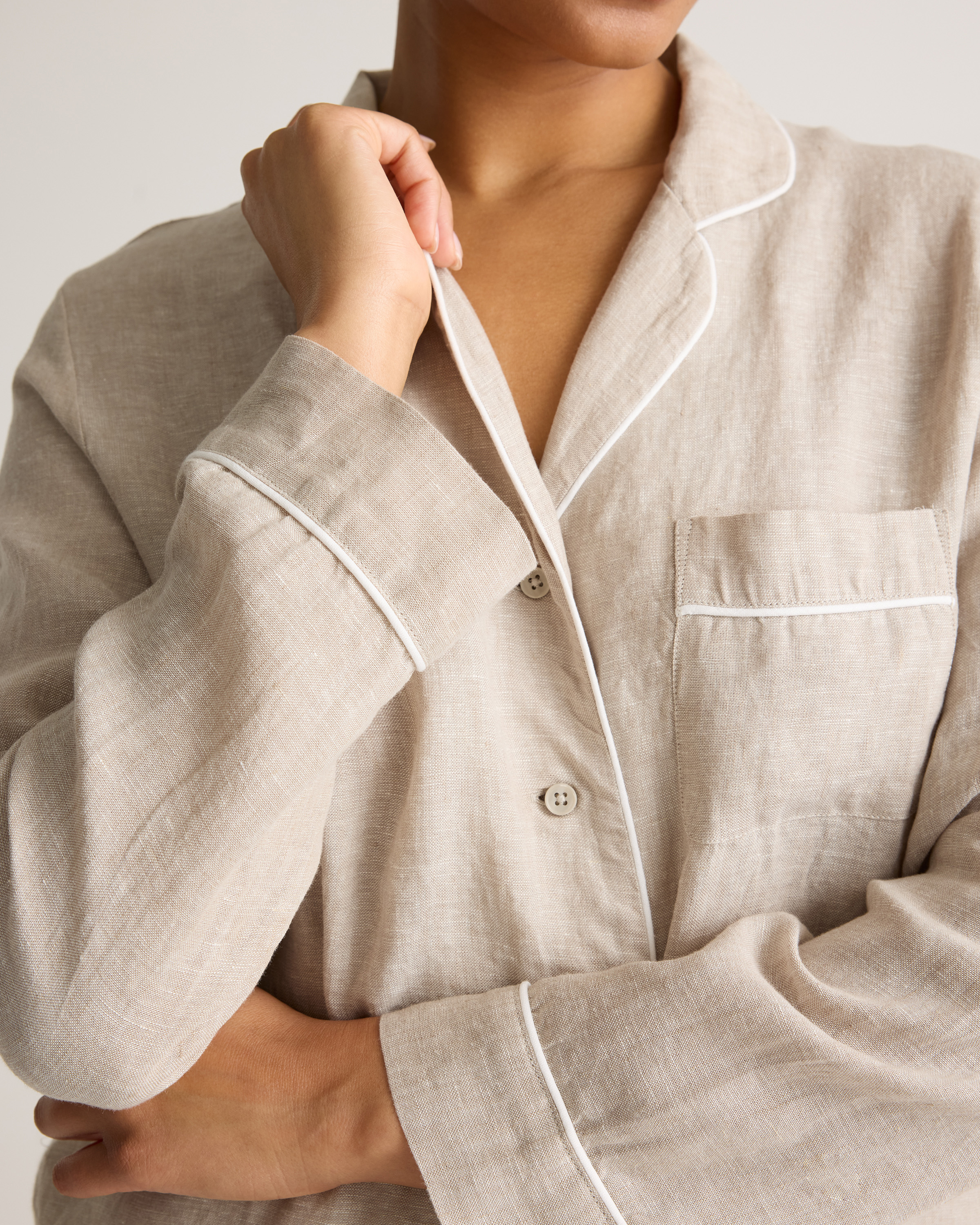 100% European Linen Long Sleeve Pajama Set with Piping — Image 4