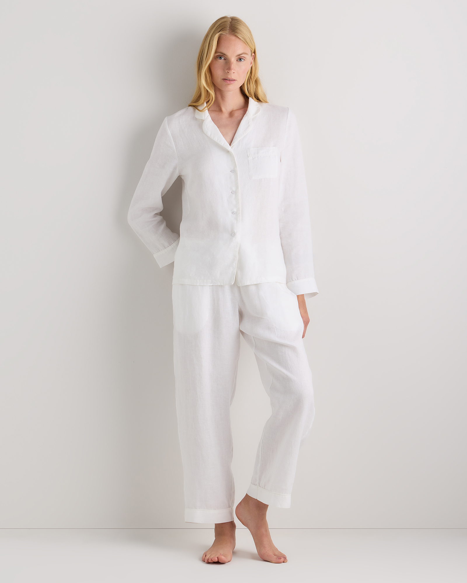 100% European Linen Long Sleeve Pajama Set with Piping — Image 44