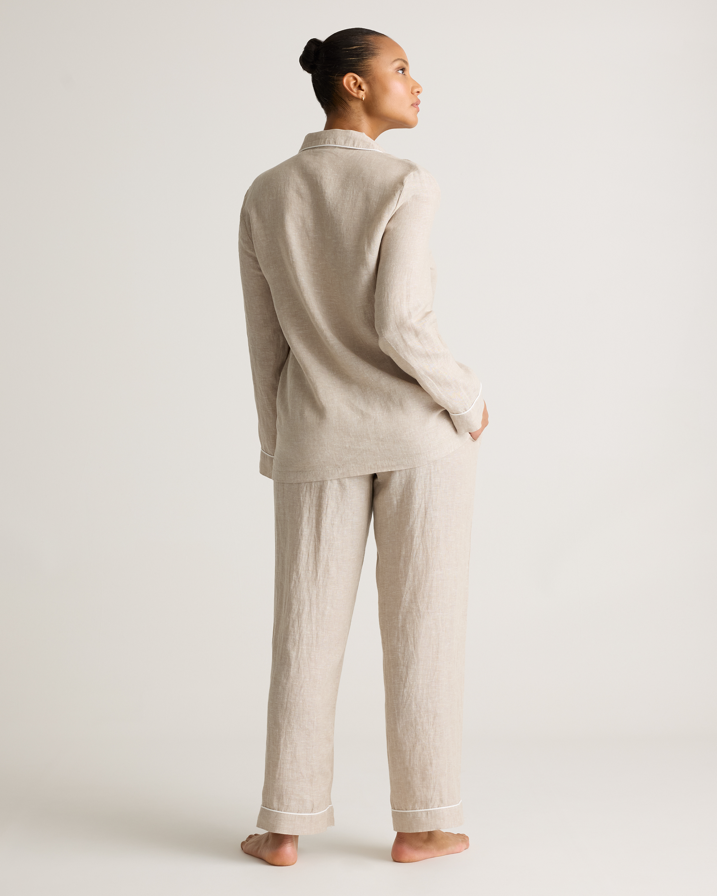 100% European Linen Long Sleeve Pajama Set with Piping — Image 15