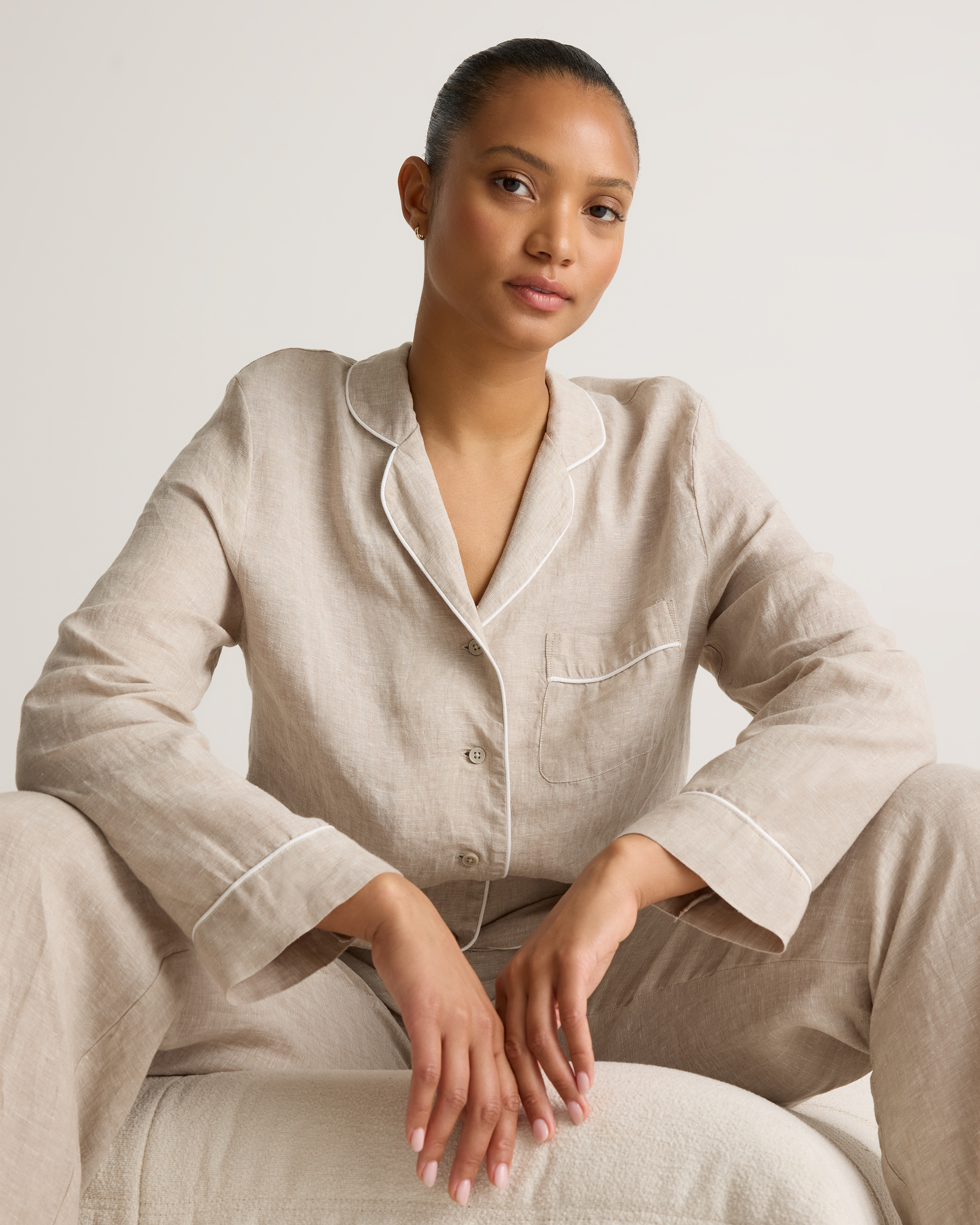 100% European Linen Long Sleeve Pajama Set with Piping — Image 5