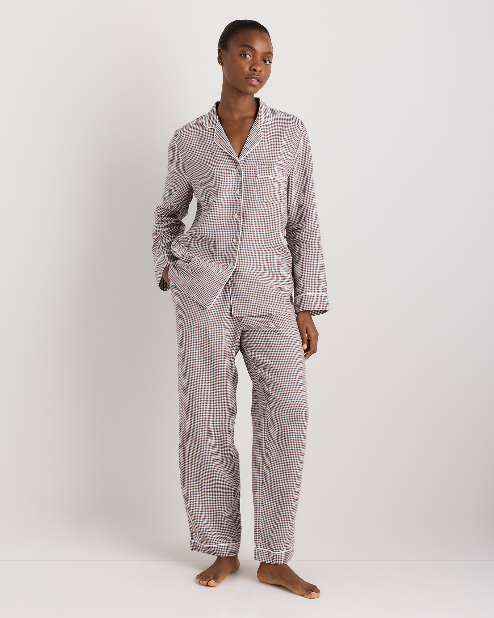 100% European Linen Long Sleeve Pajama Set with Piping — Image 33