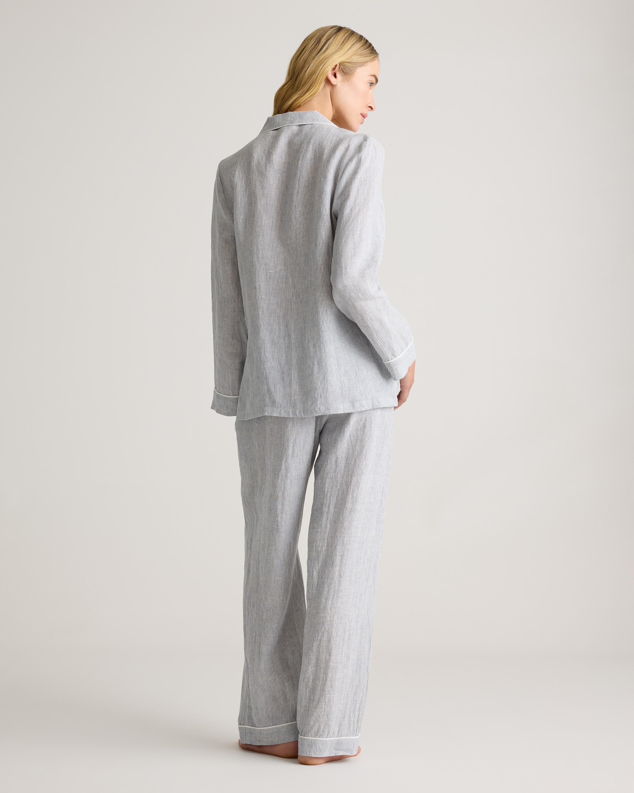 100% European Linen Long Sleeve Pajama Set with Piping — Image 14