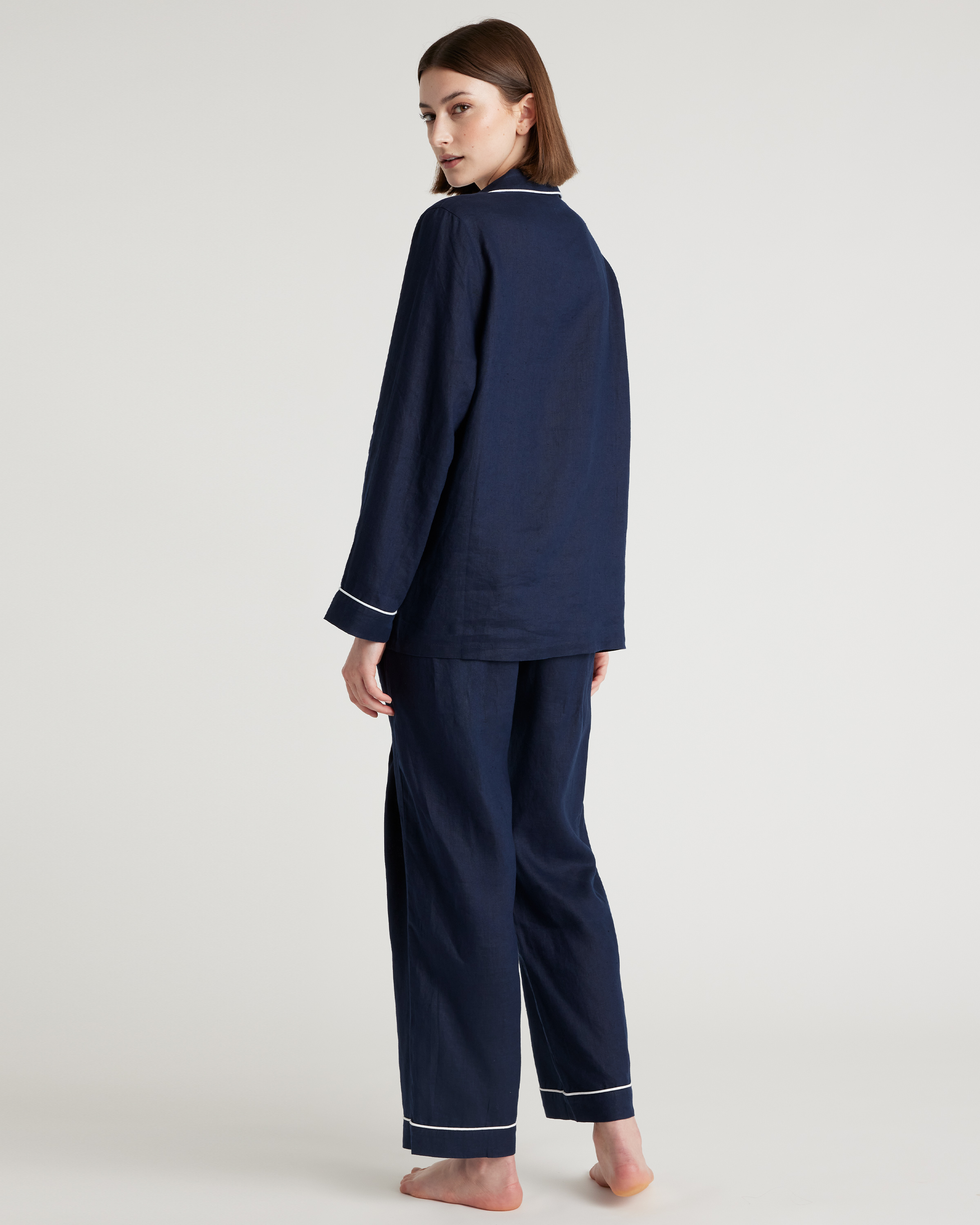 100% European Linen Long Sleeve Pajama Set with Piping — Image 26