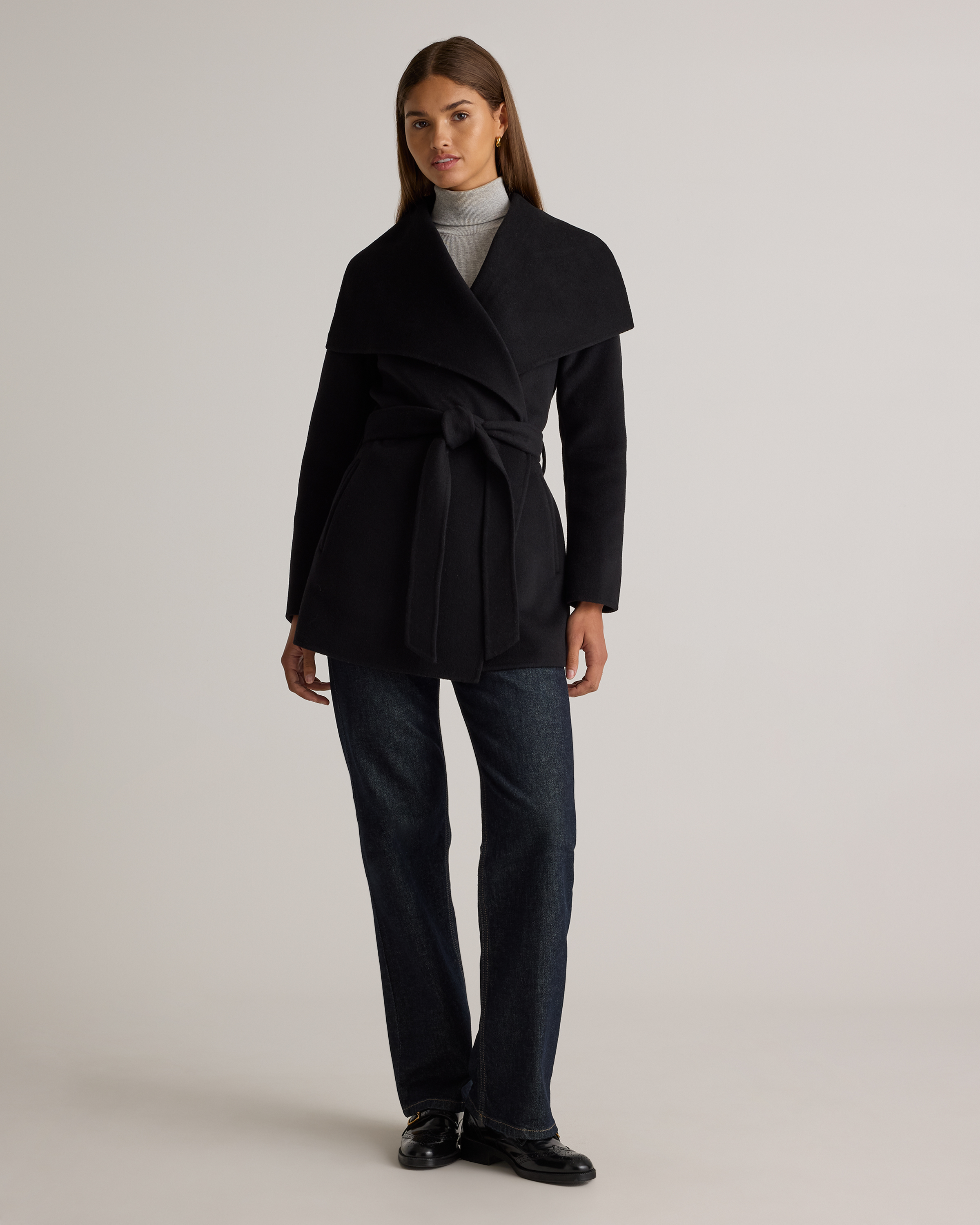 Double-Faced Merino Wool Draped Collar Short Wrap Coat — Image 15