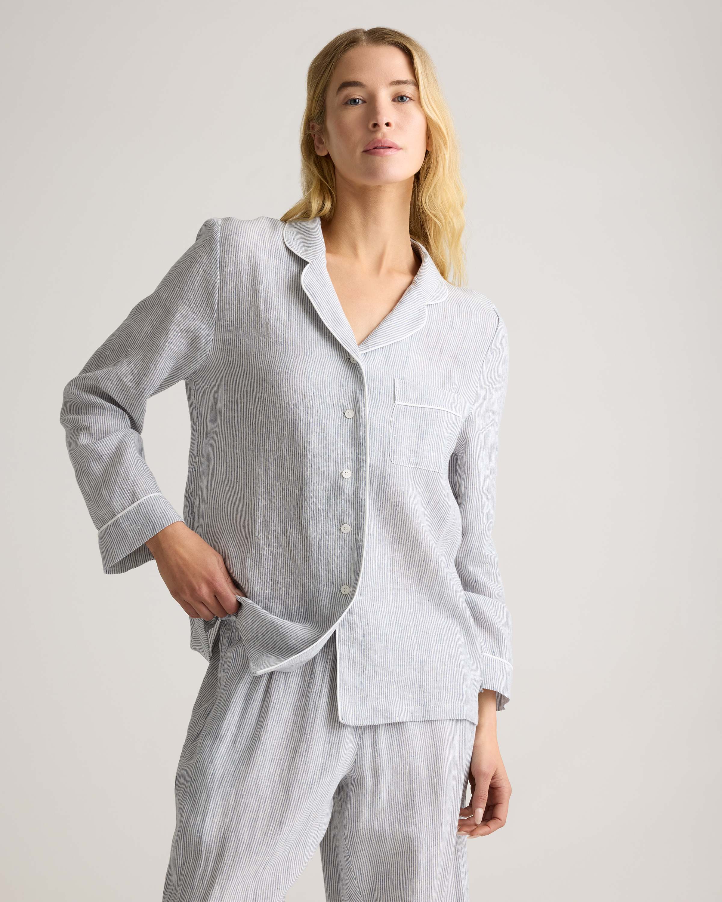 100% European Linen Long Sleeve Pajama Set with Piping — Image 7