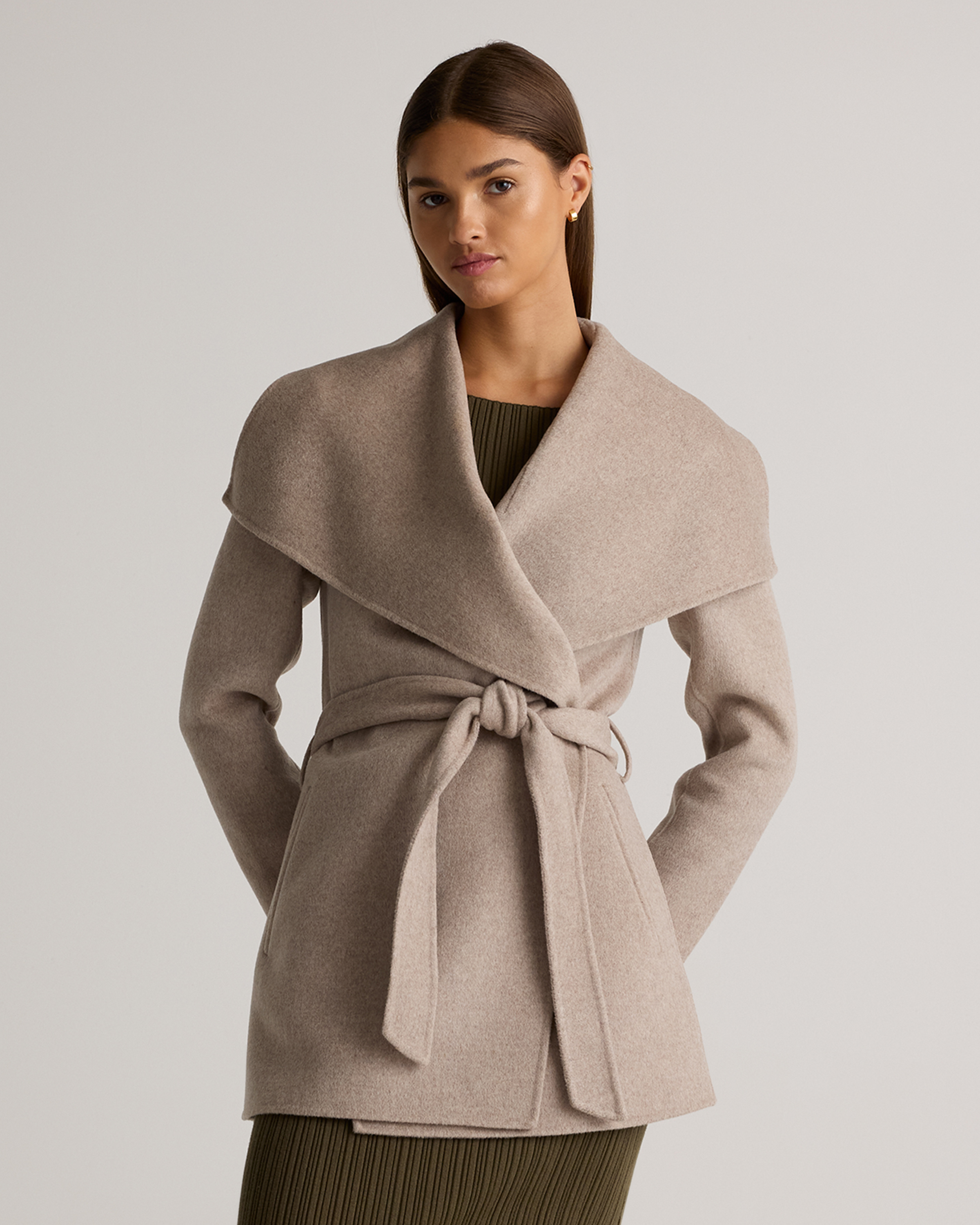 Double-Faced Merino Wool Draped Collar Short Wrap Coat — Image 18