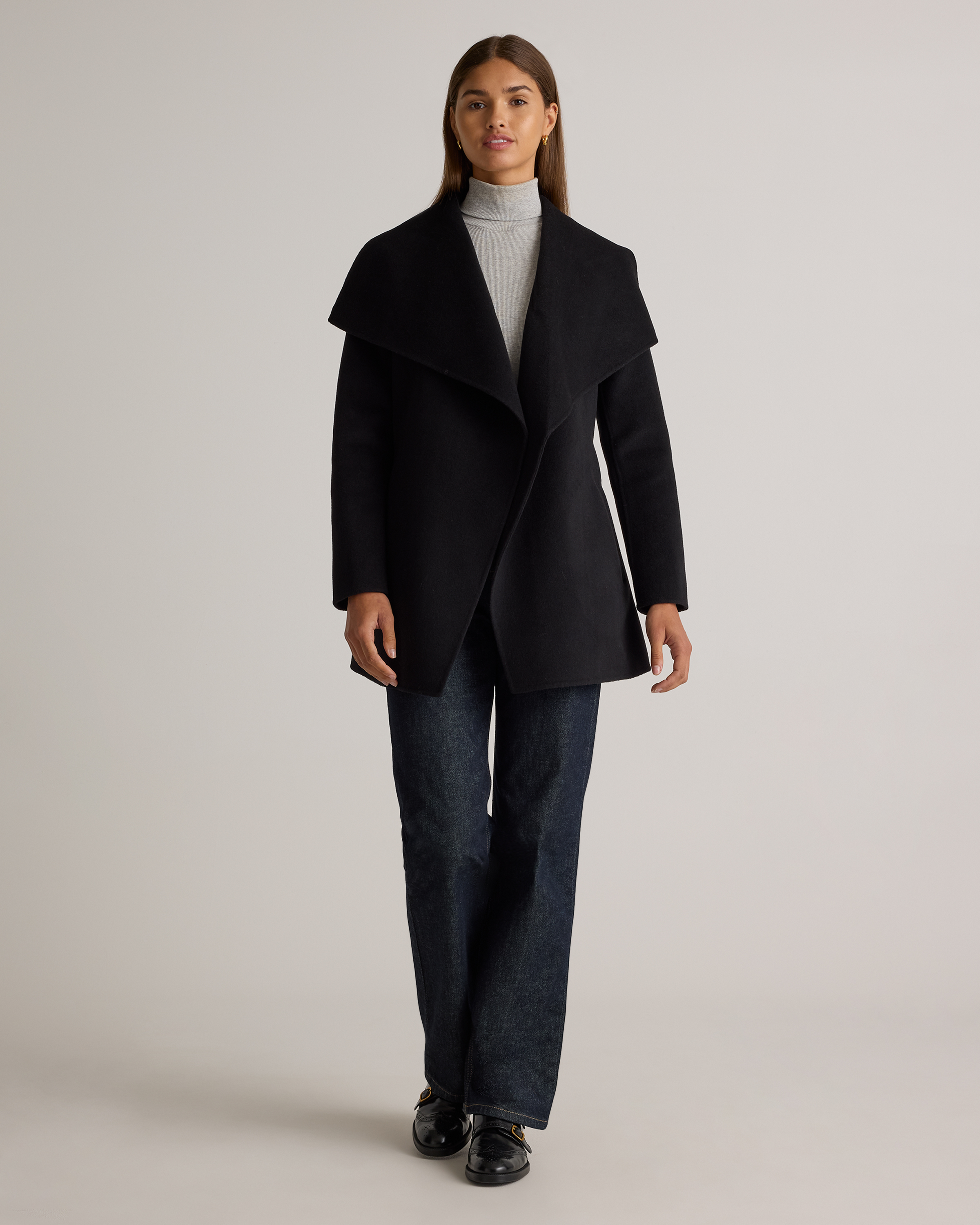 Double-Faced Merino Wool Draped Collar Short Wrap Coat — Image 21