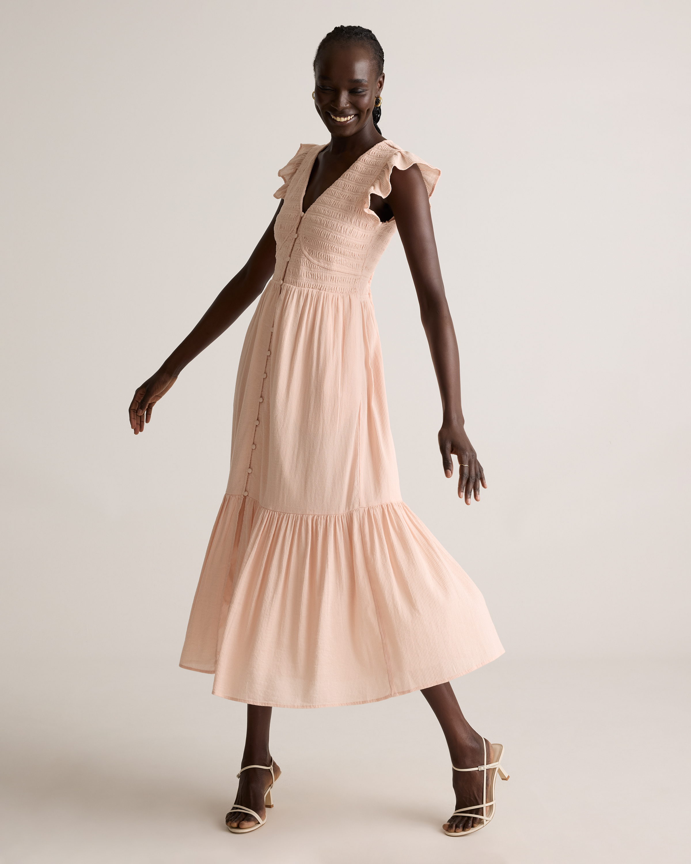 Organic Textured Cotton Smocked V-Neck Midi Dress — Image 4