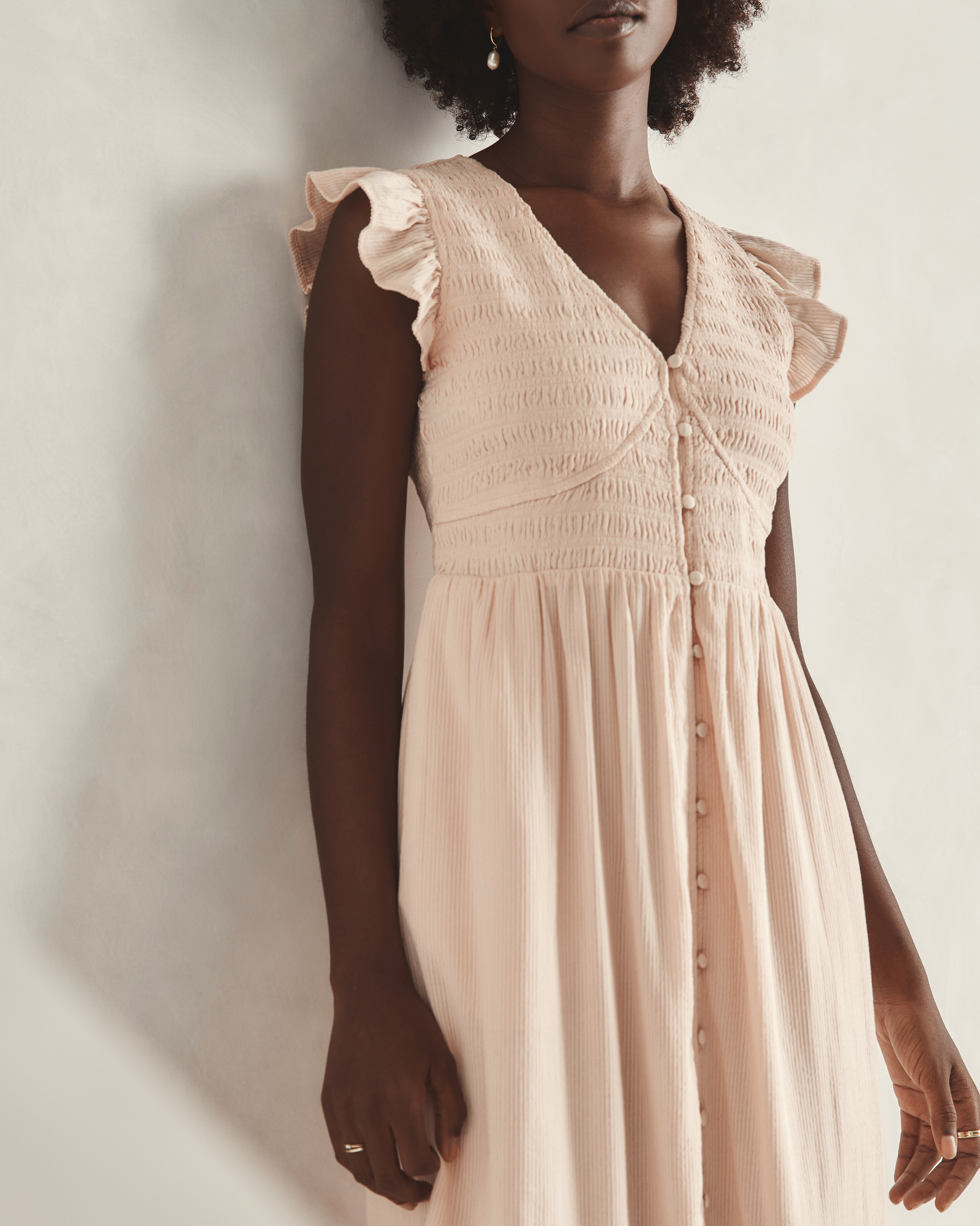 Organic Textured Cotton Smocked V-Neck Midi Dress — Image 6