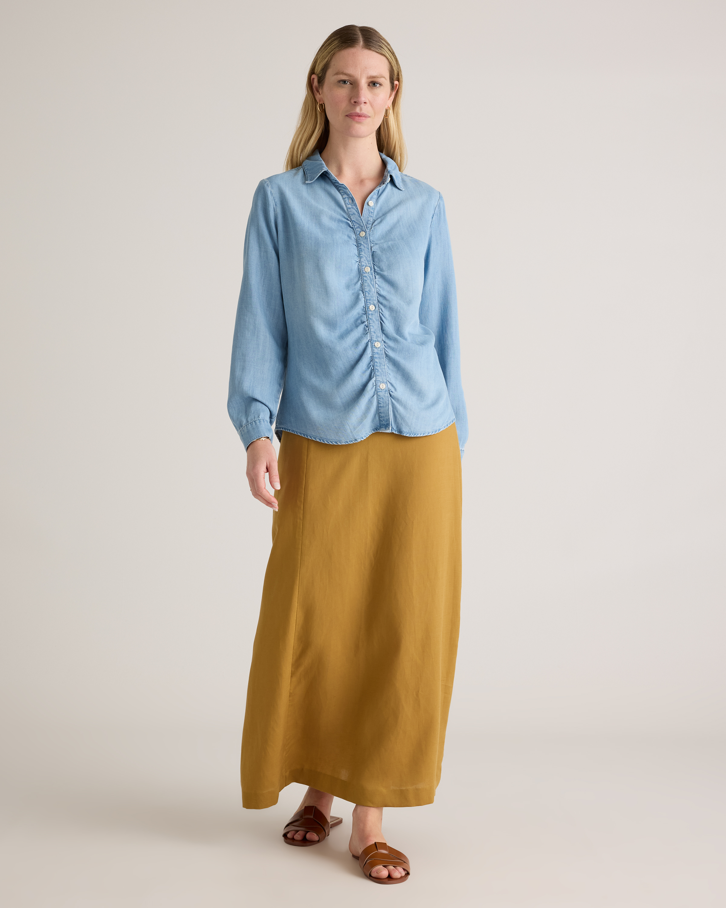 Chambray Tencel Shirred Long Sleeve Shirt — Image 5