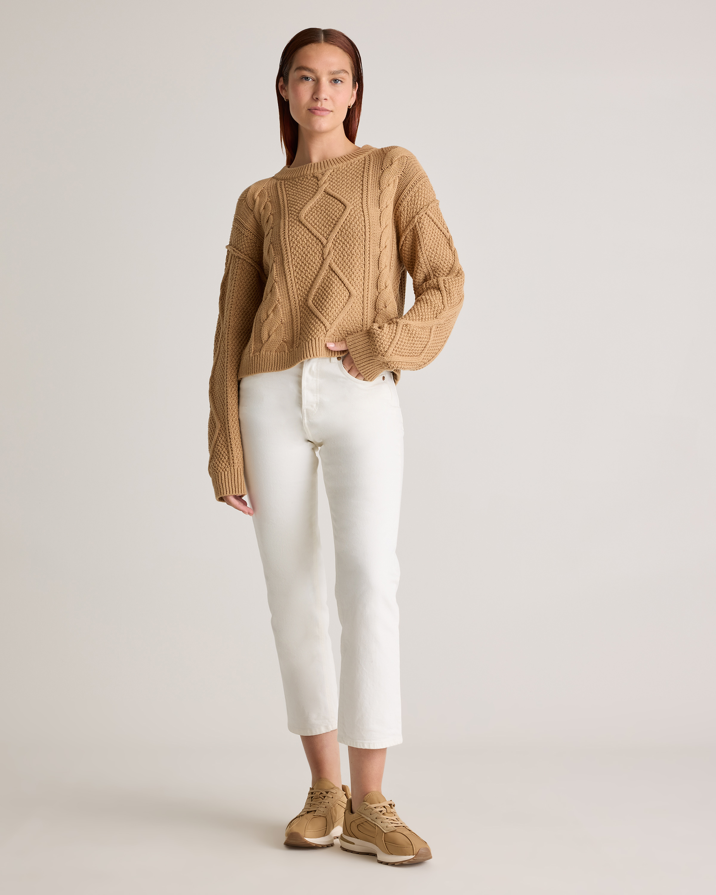 100% Organic Cotton Cropped Cable Crew Sweater — Image 29