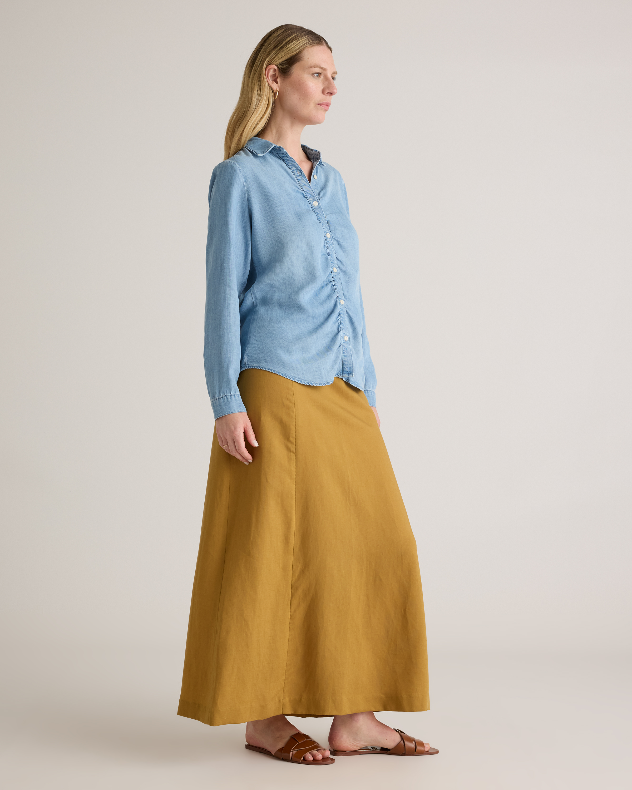 Chambray Tencel Shirred Long Sleeve Shirt — Image 3