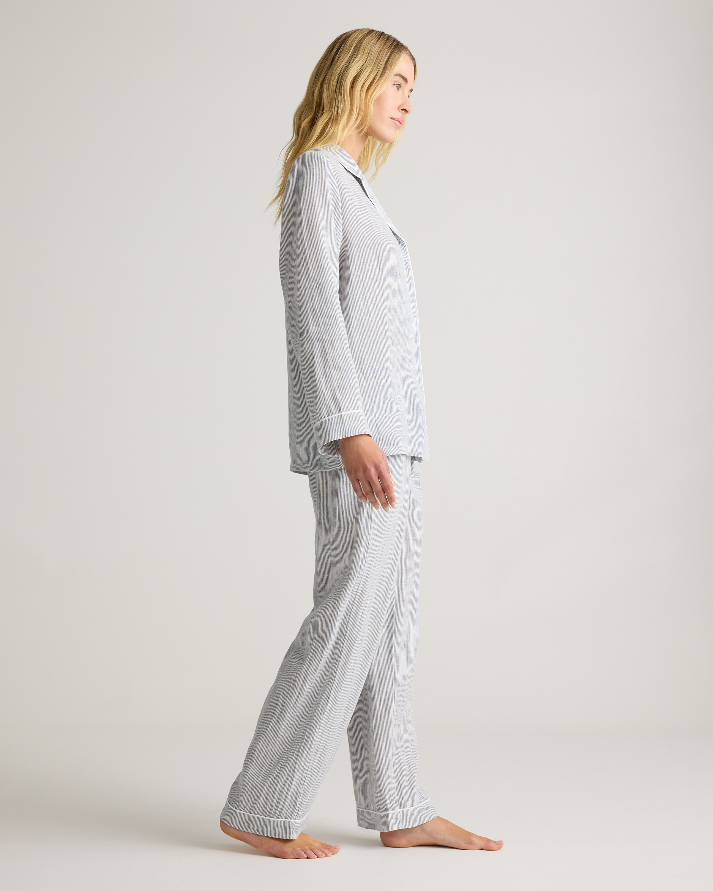 100% European Linen Long Sleeve Pajama Set with Piping — Image 16