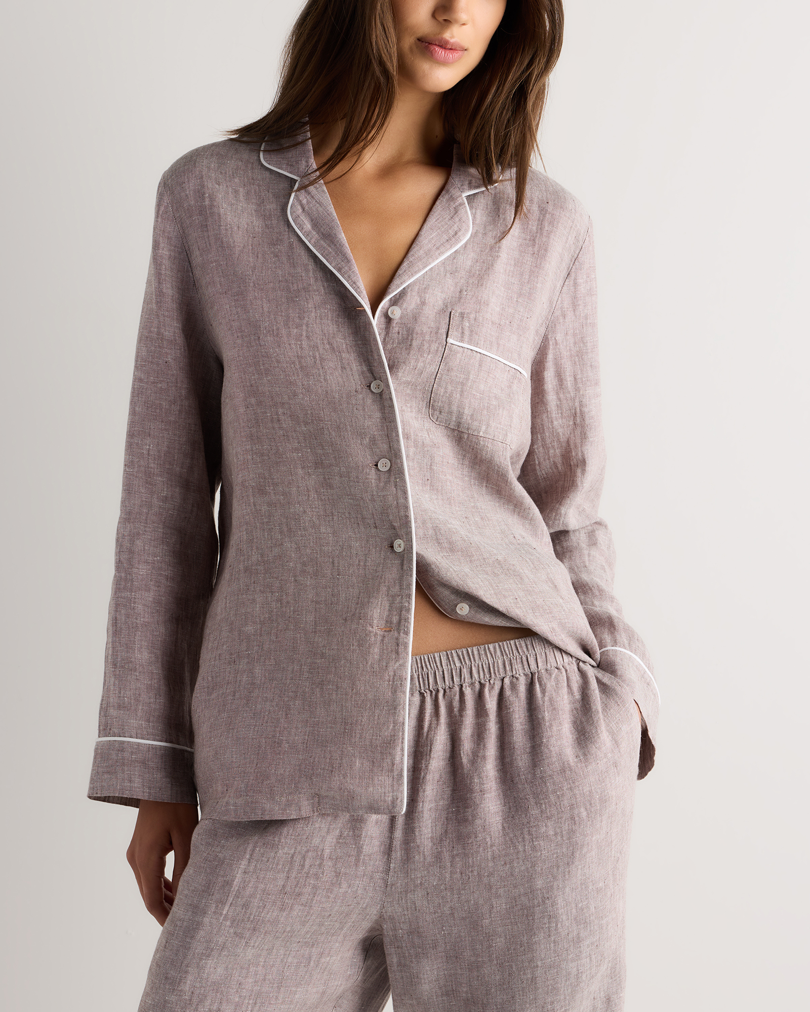 100% European Linen Long Sleeve Pajama Set with Piping — Image 21