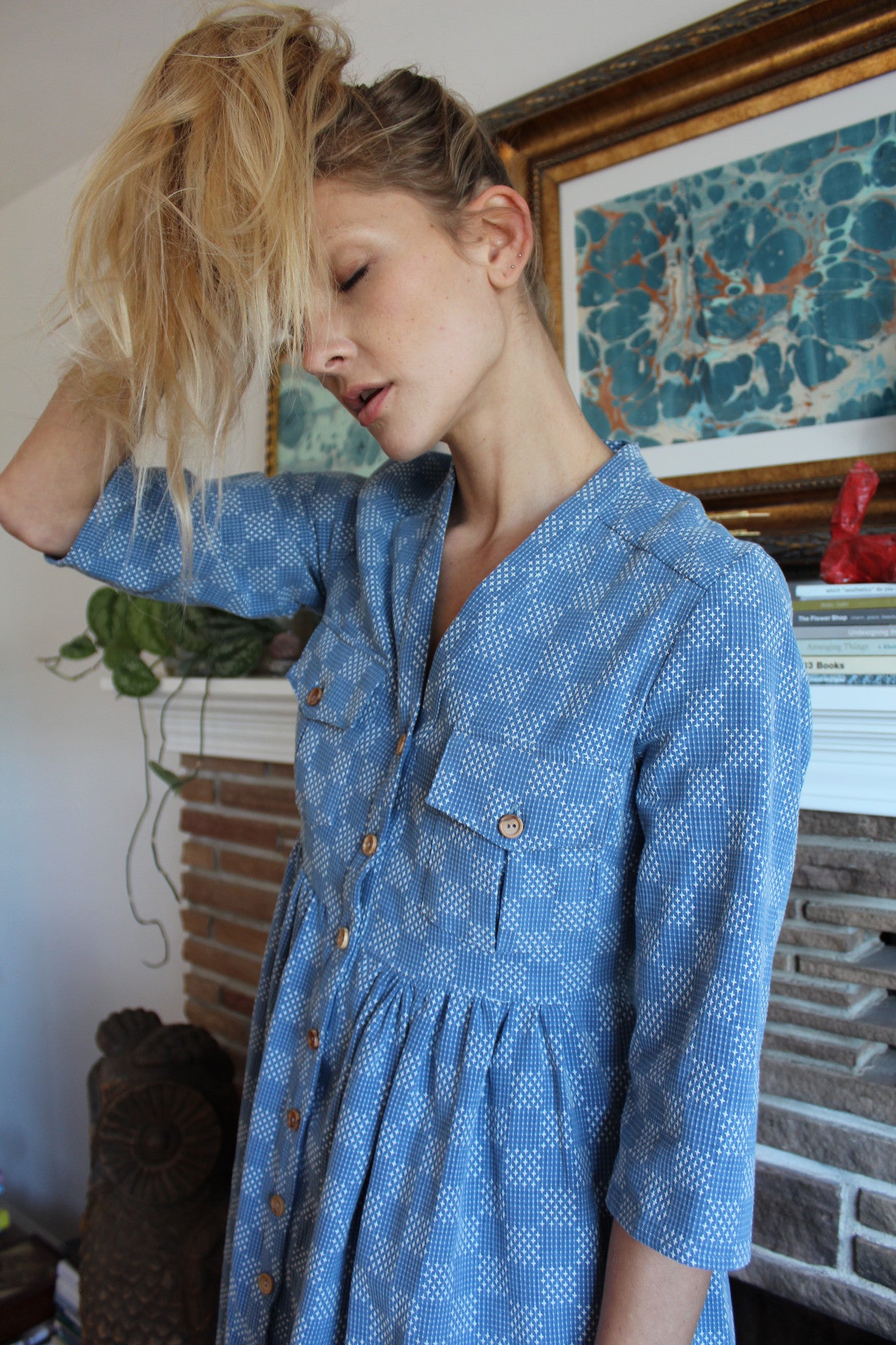 Heinui Noe Dress Bleached Sashiko Embroidered Cotton