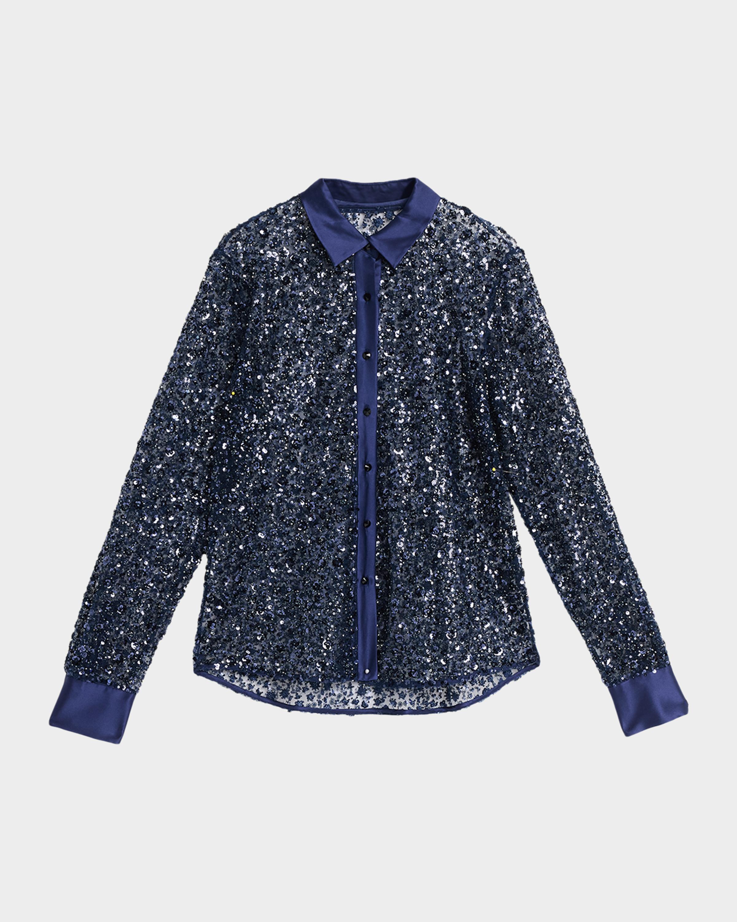 Sequined Tulle Slim-Fit Button-Down Shirt