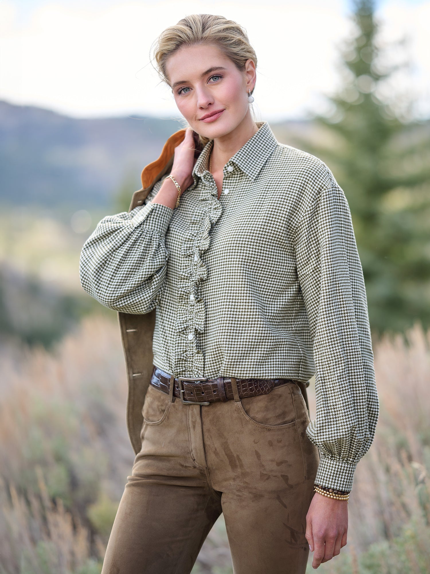 Pauline Ruffle Houndstooth Flannel Shirt