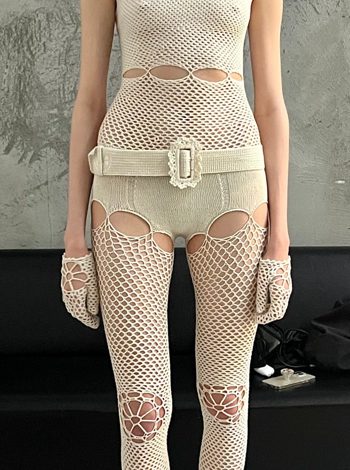 Crochet Belt with embroidery logo and open back off-white