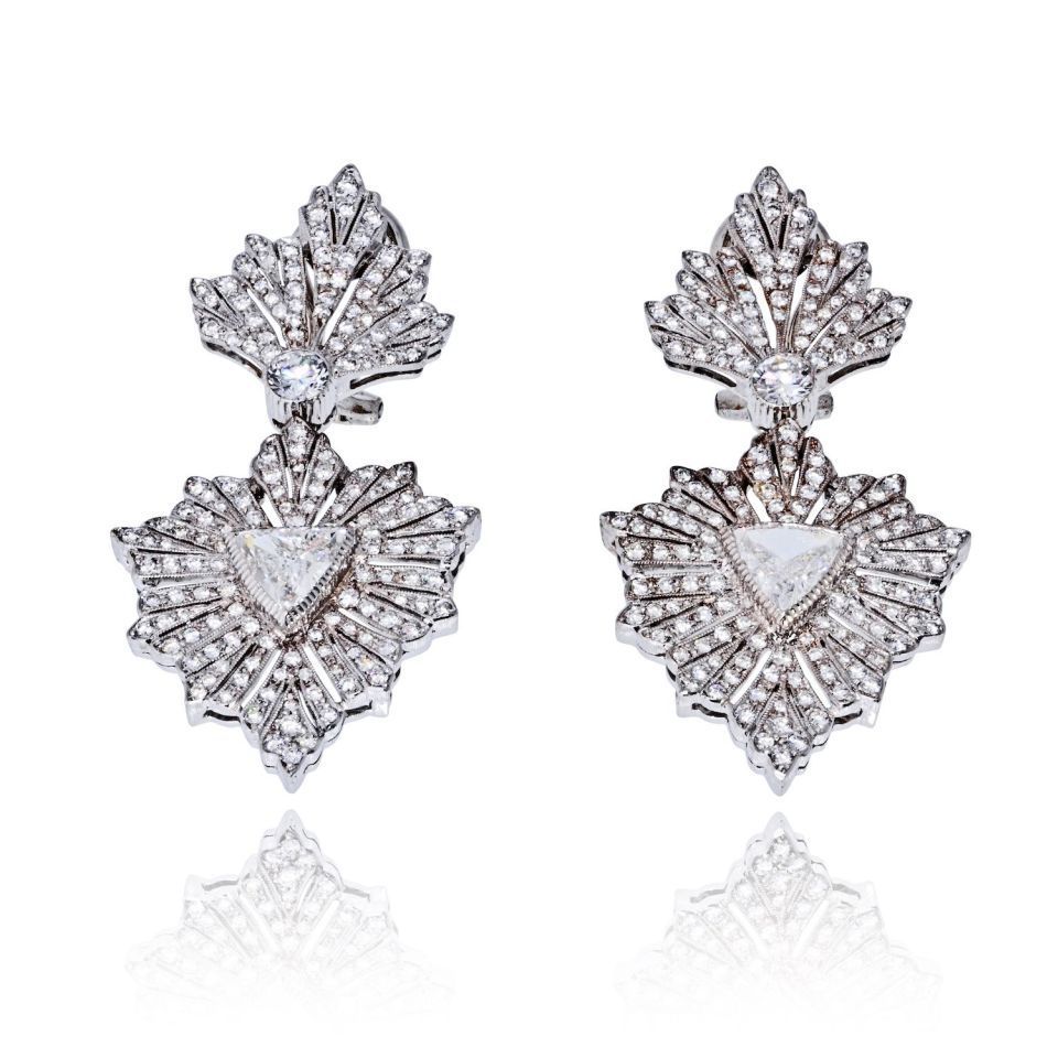 Chandelier 18K Diamond Drop Round Cut And Trilliant Cut Earrings