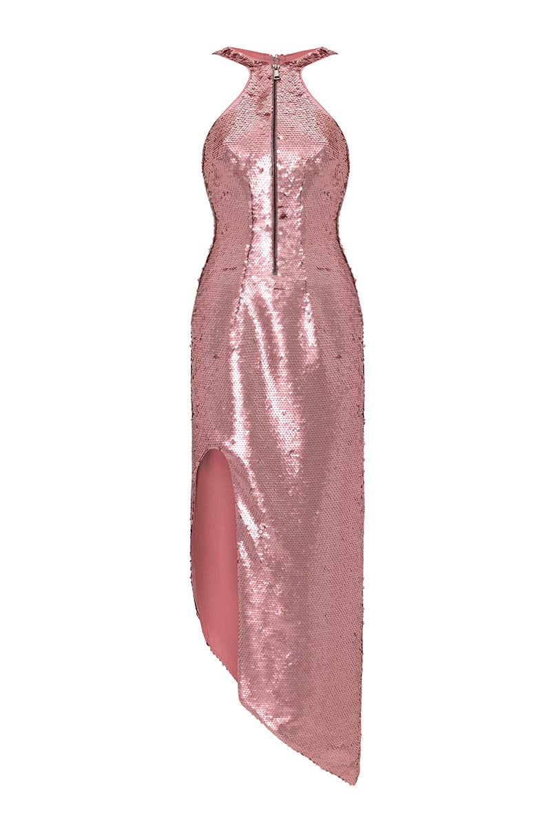 SEQUINNED MIDI DRESS IN ROSE