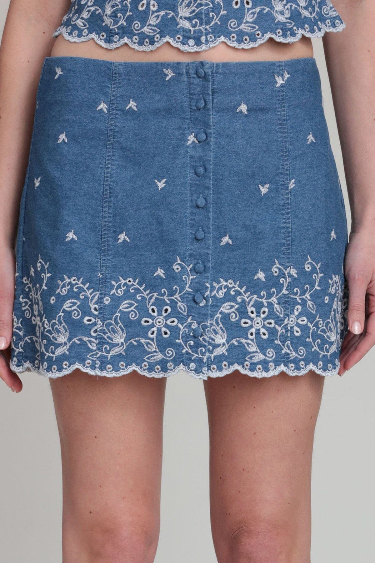 Cotton Chambray Embroidered Skirt, image 9 of 11