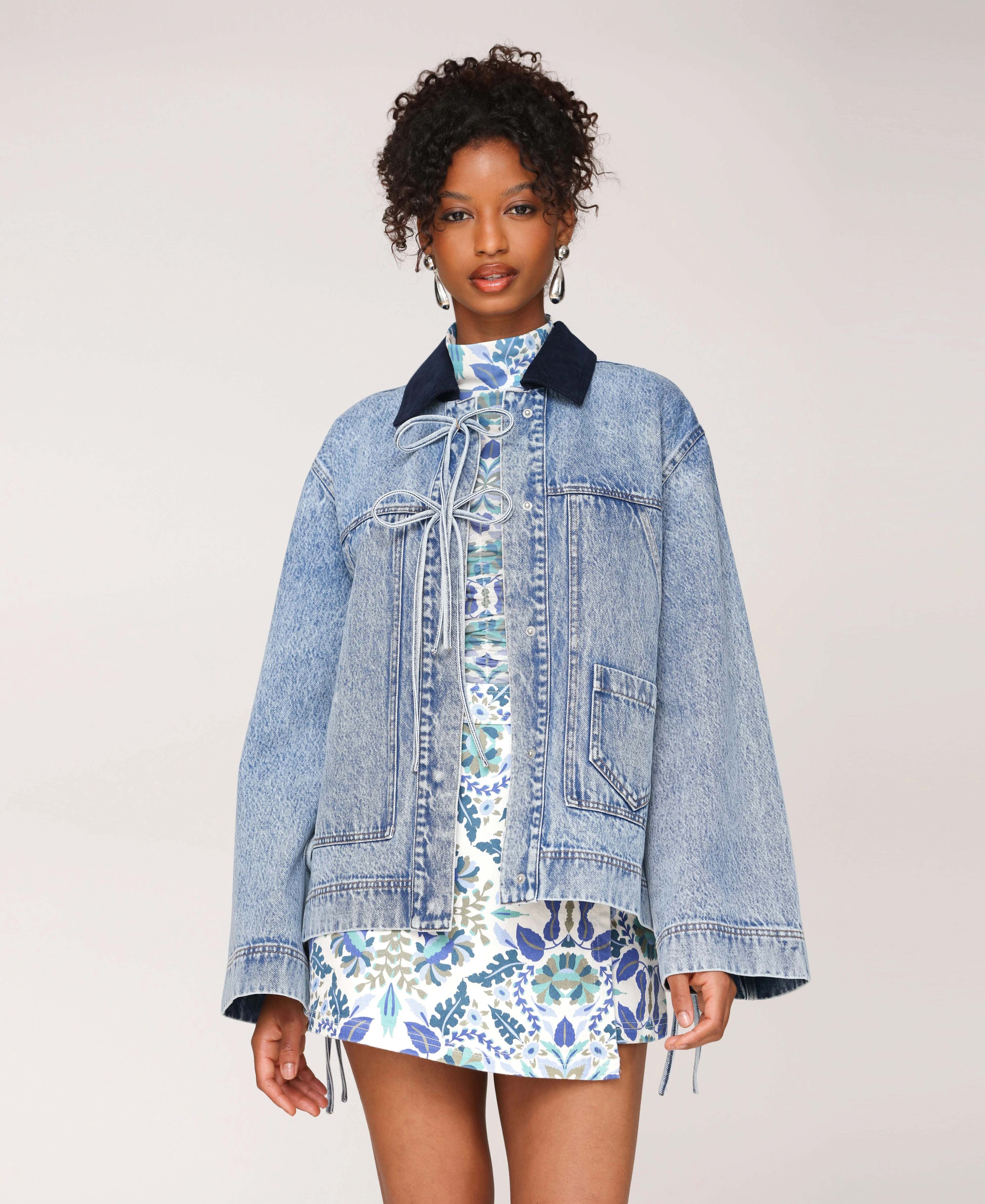 Cotton Oversized Bow Detail Denim Chore Jacket
