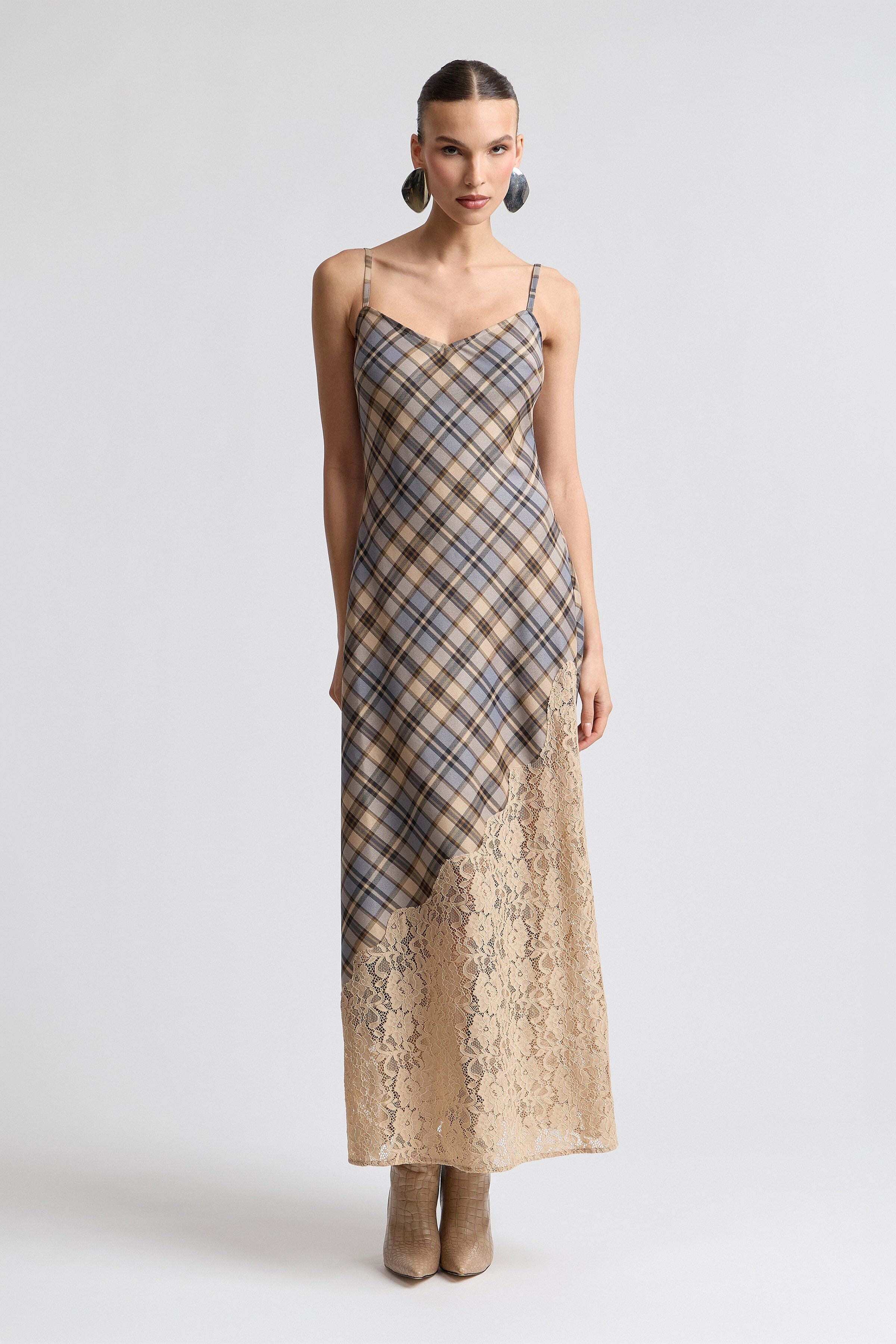 Lace Inset Plaid Bias Maxi Dress